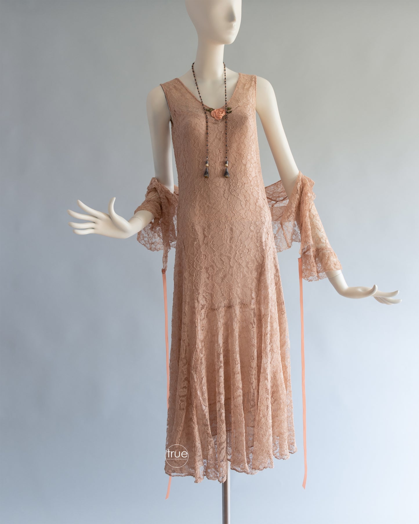 vintage 1920's - 1930's dress ...lovely nude/taupe-ish lace dress with silk flounced slip & jacket