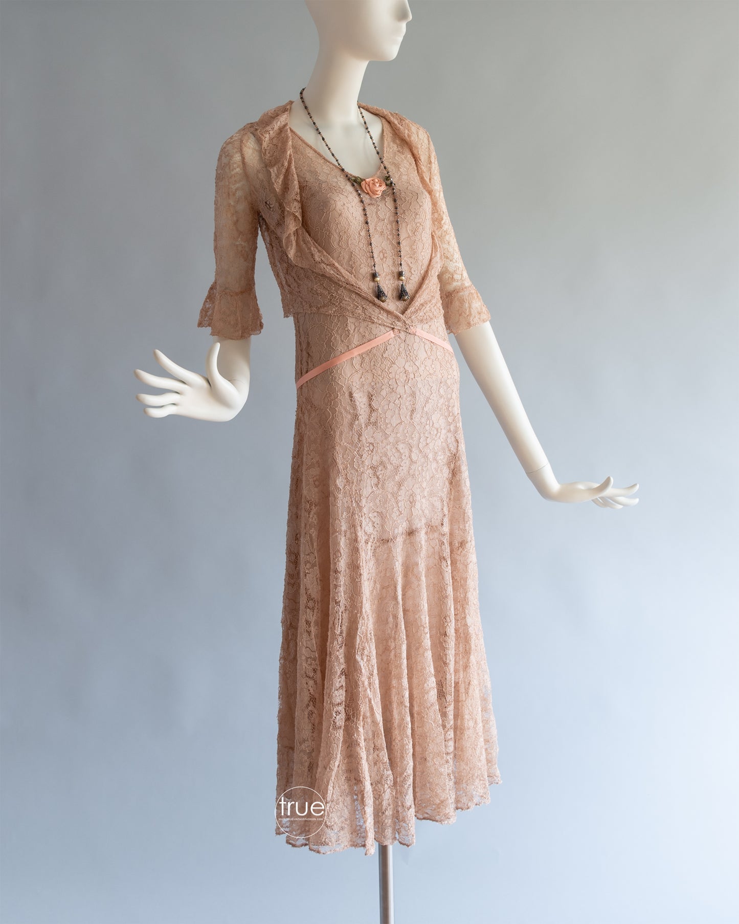 vintage 1920's - 1930's dress ...lovely nude/taupe-ish lace dress with silk flounced slip & jacket