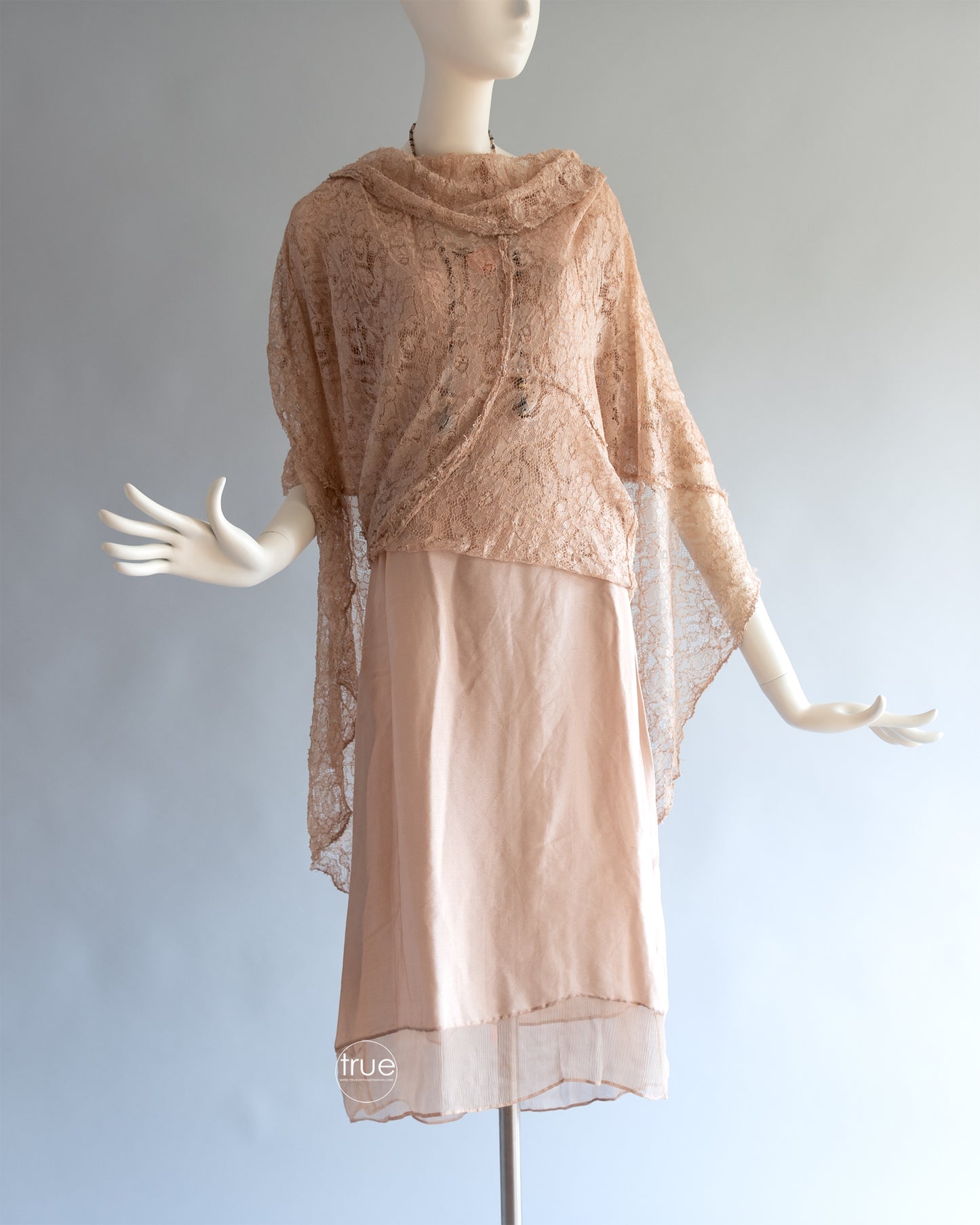 vintage 1920's - 1930's dress ...lovely nude/taupe-ish lace dress with silk flounced slip & jacket