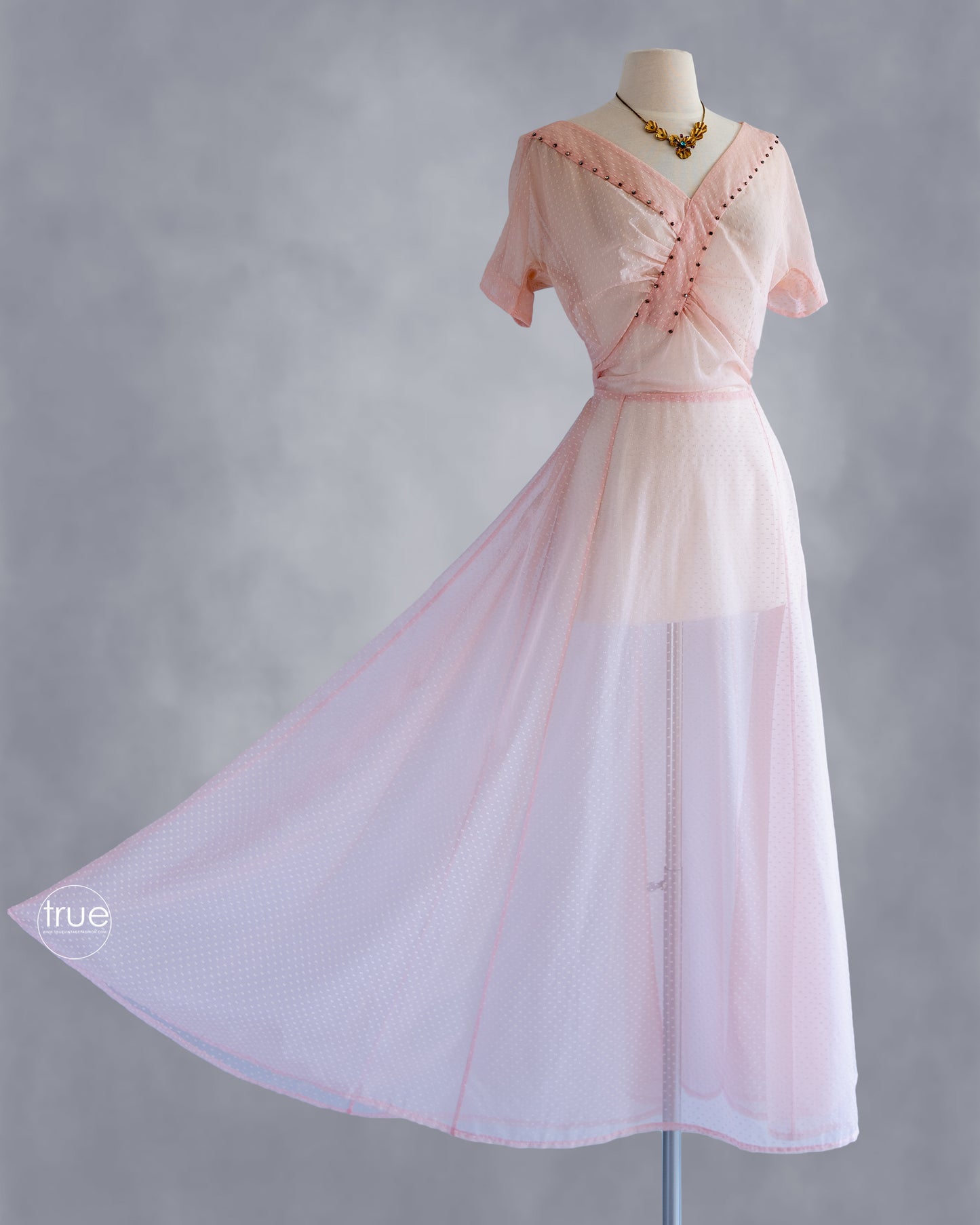 vintage 1940's dress ...sheer pink flocked swiss dots dress with a rhinestone trimmed asymmetrical shirred bodice and full skirt