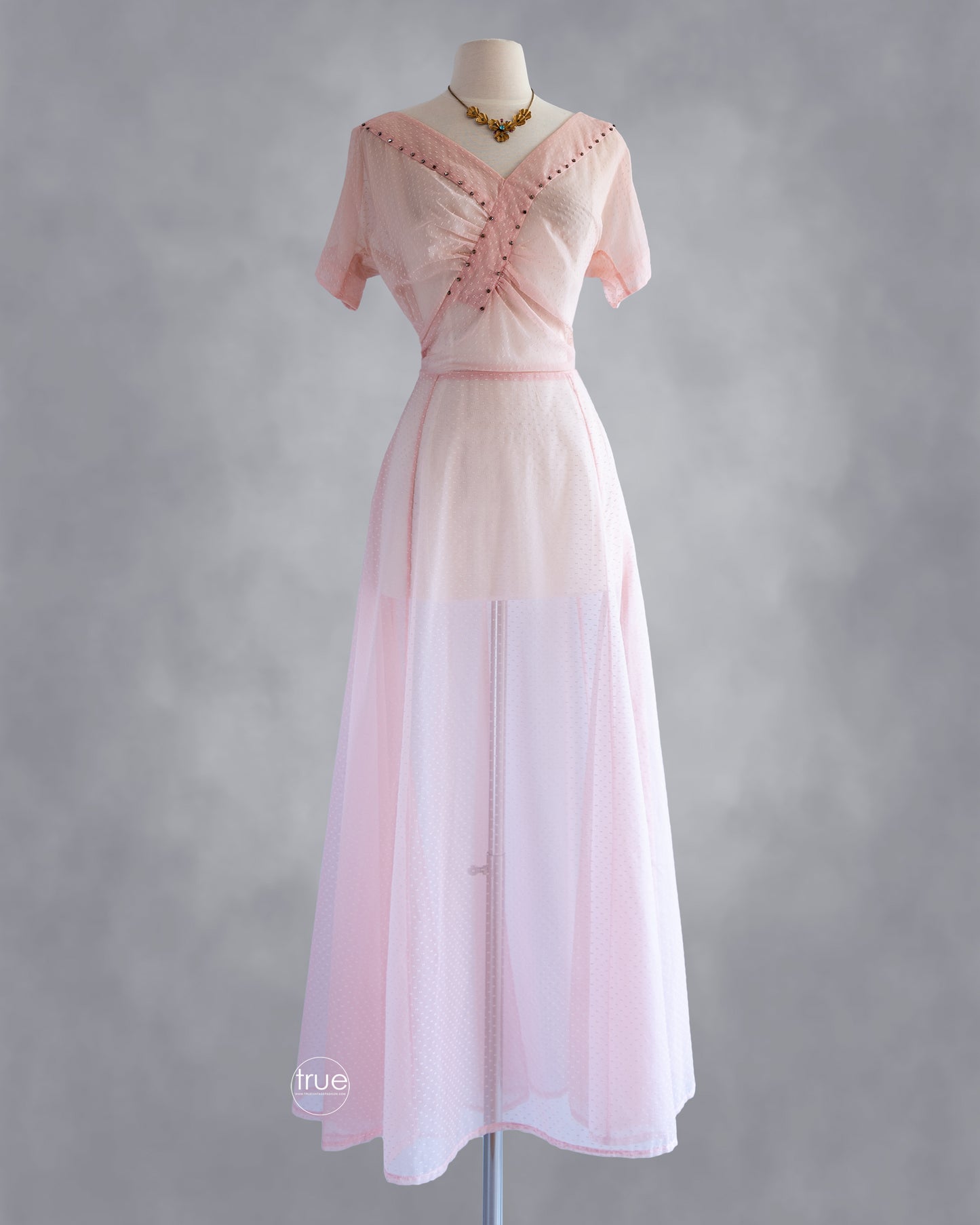 vintage 1940's dress ...sheer pink flocked swiss dots dress with a rhinestone trimmed asymmetrical shirred bodice and full skirt