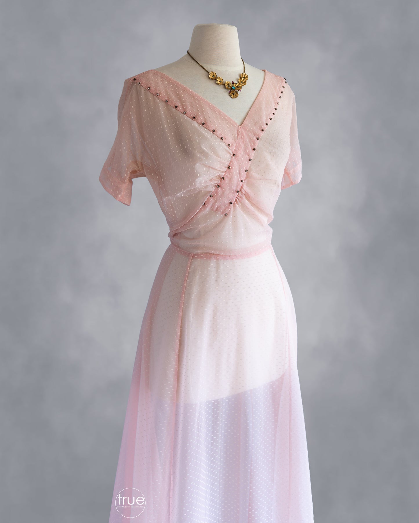 vintage 1940's dress ...sheer pink flocked swiss dots dress with a rhinestone trimmed asymmetrical shirred bodice and full skirt
