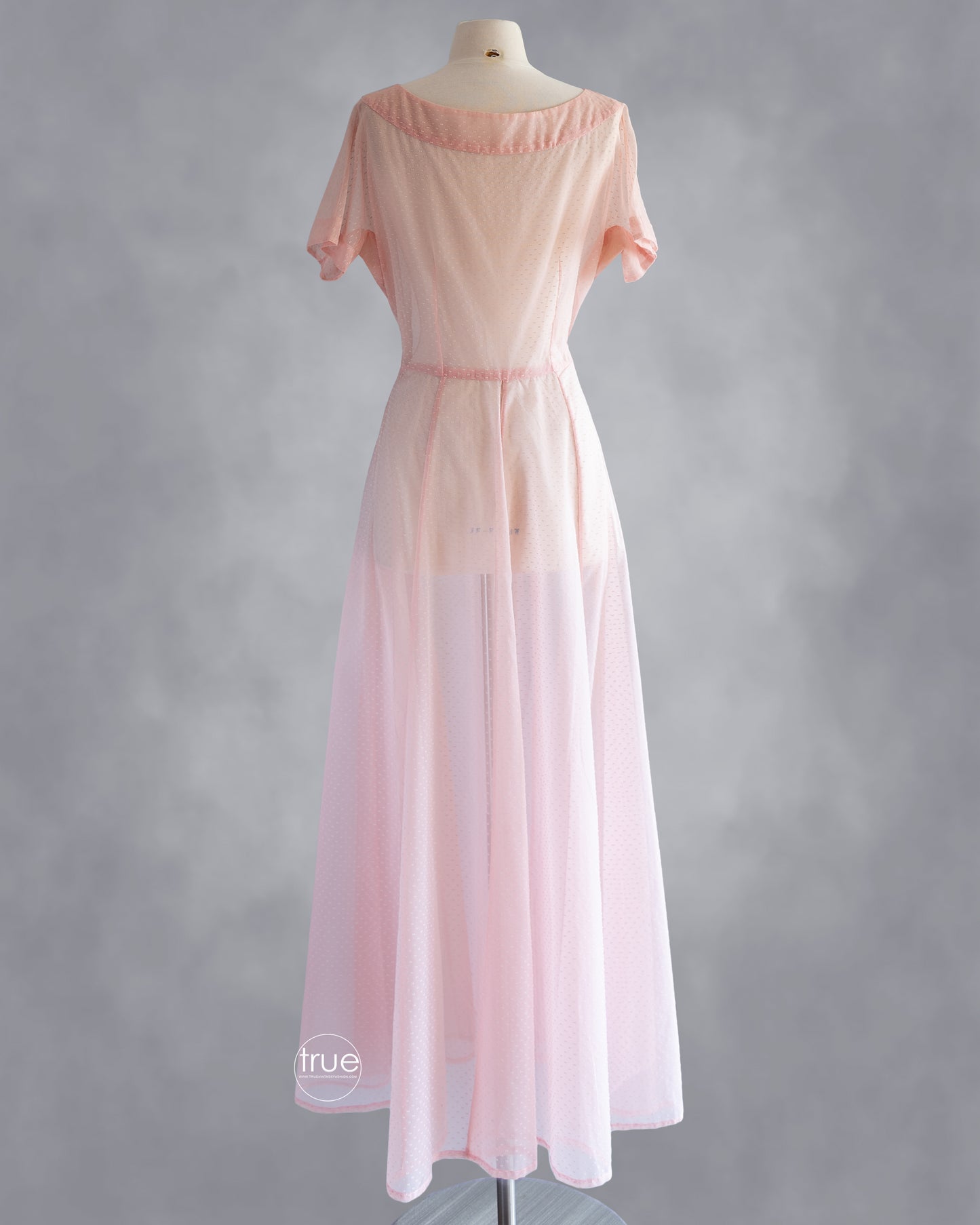 vintage 1940's dress ...sheer pink flocked swiss dots dress with a rhinestone trimmed asymmetrical shirred bodice and full skirt