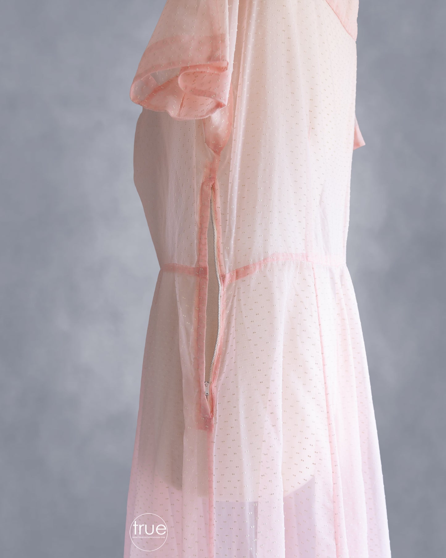 vintage 1940's dress ...sheer pink flocked swiss dots dress with a rhinestone trimmed asymmetrical shirred bodice and full skirt