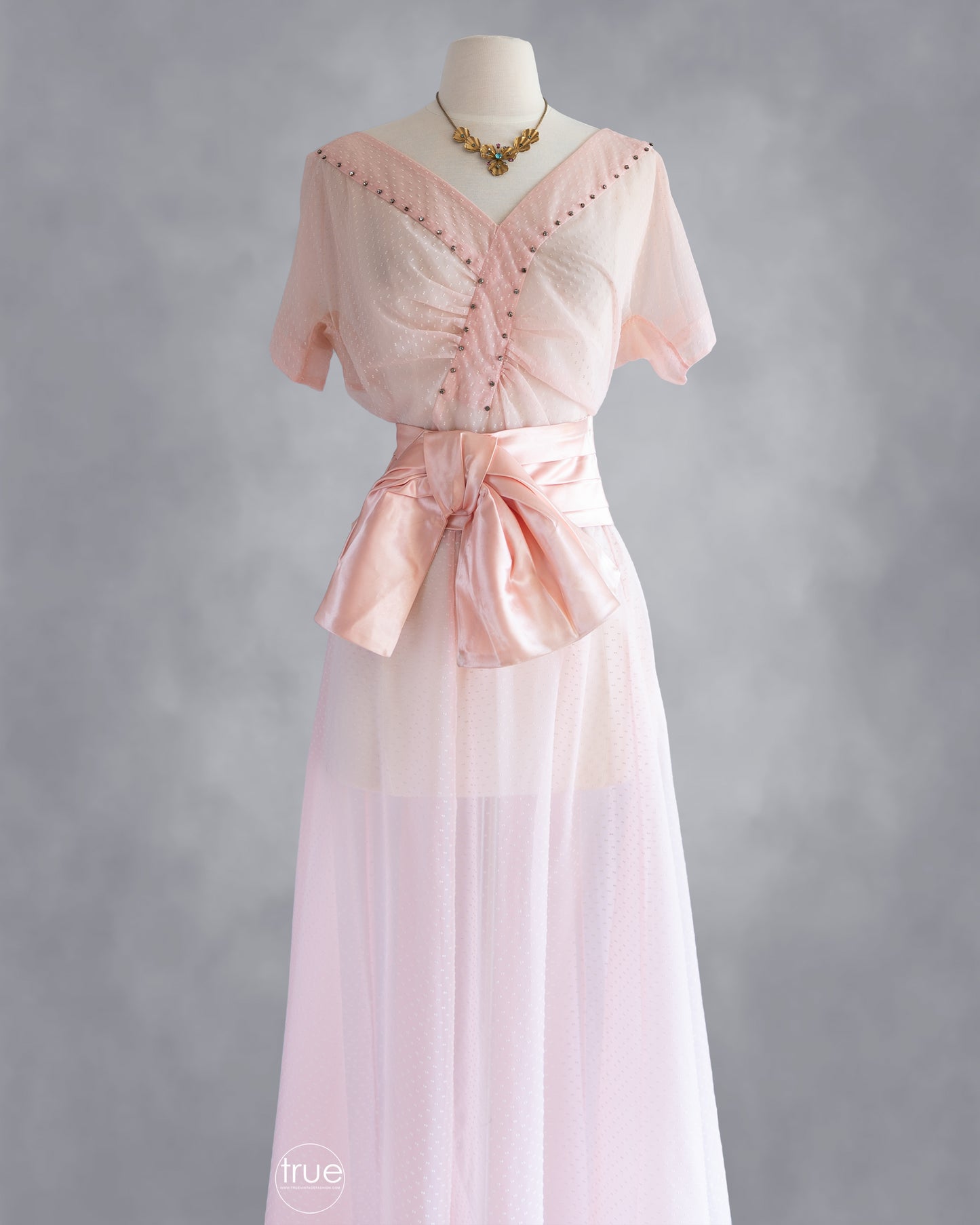 vintage 1940's dress ...sheer pink flocked swiss dots dress with a rhinestone trimmed asymmetrical shirred bodice and full skirt