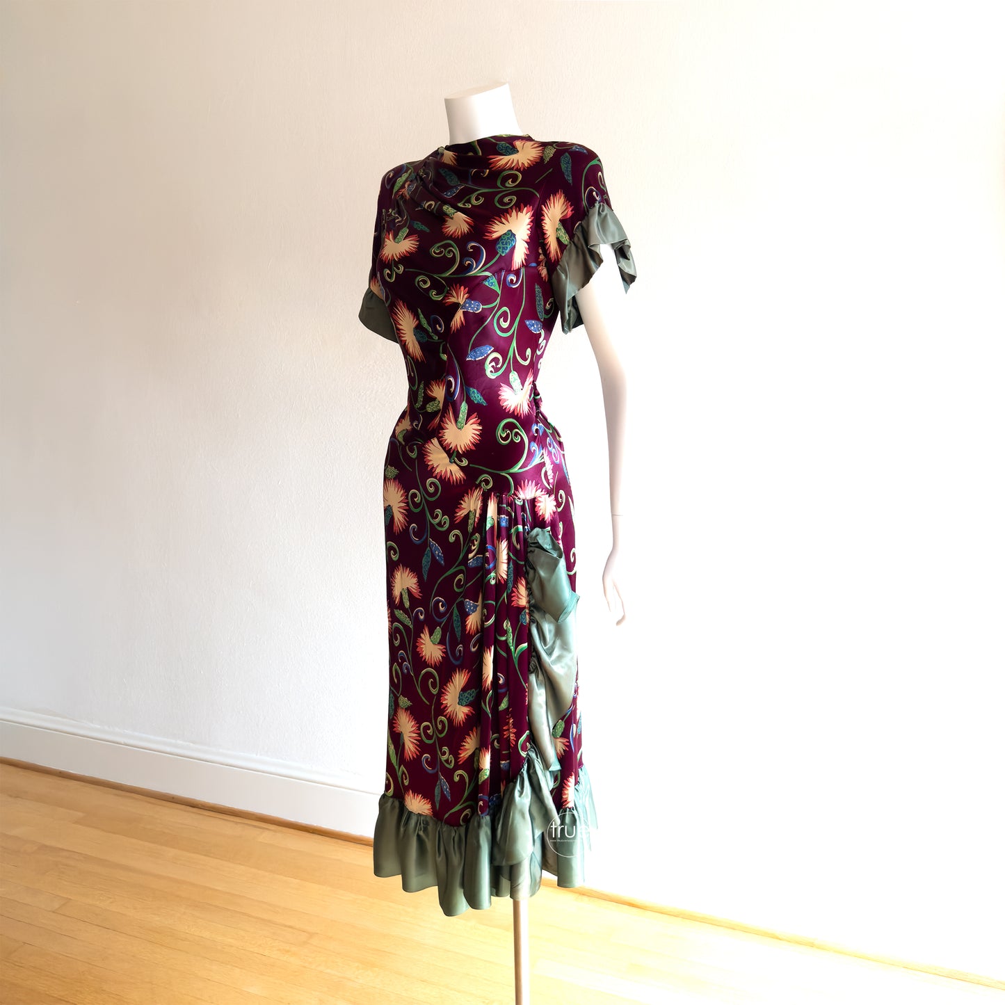 vintage 1940's dress ...gorgeous slinky plum satin floral asymmetrical dress