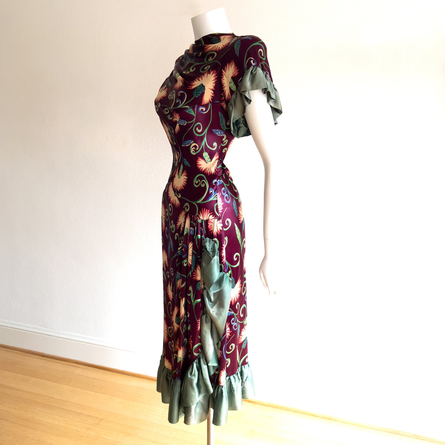 vintage 1940's dress ...gorgeous slinky plum satin floral asymmetrical dress