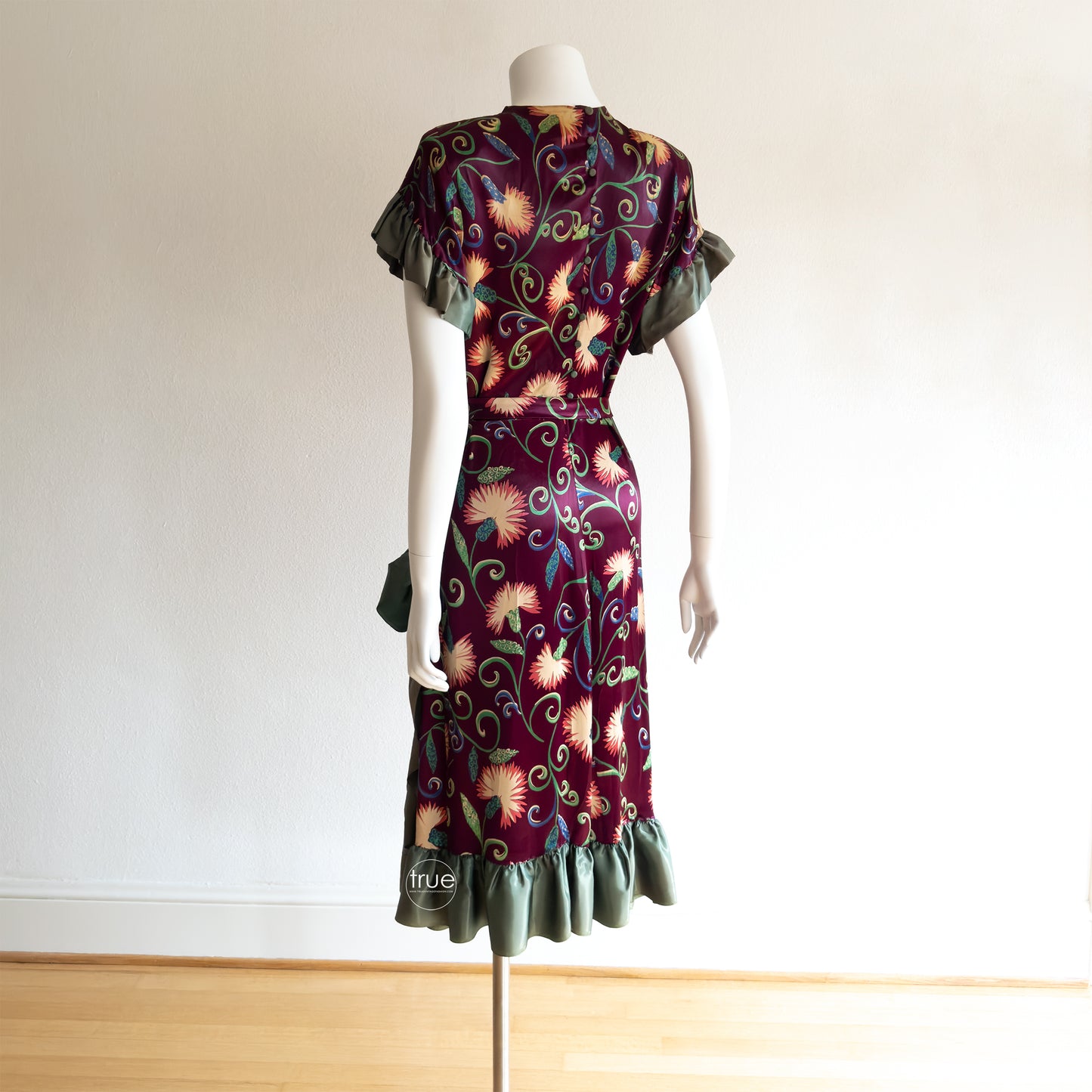 vintage 1940's dress ...gorgeous slinky plum satin floral asymmetrical dress