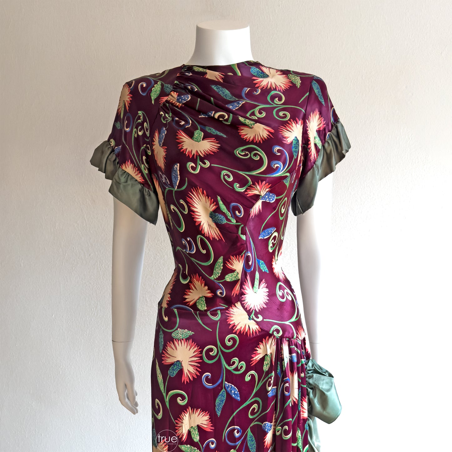vintage 1940's dress ...gorgeous slinky plum satin floral asymmetrical dress