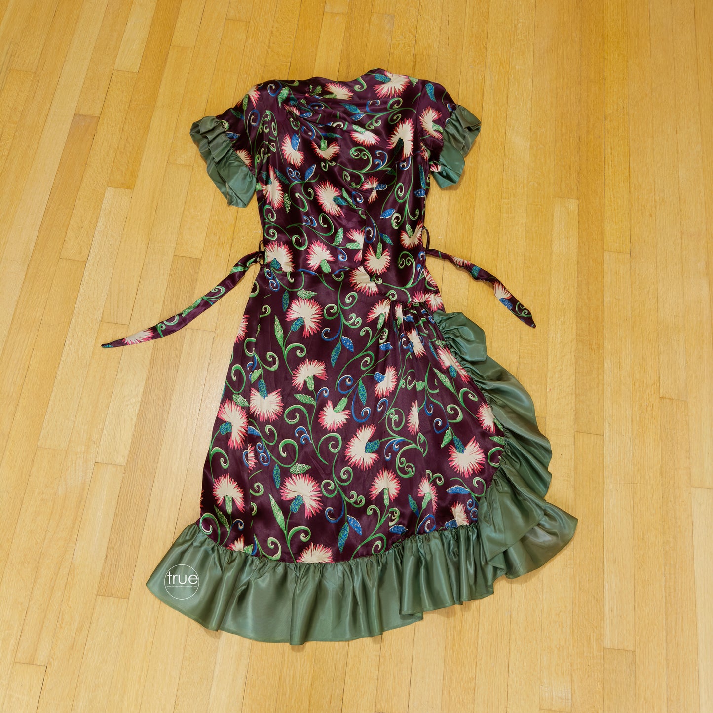 vintage 1940's dress ...gorgeous slinky plum satin floral asymmetrical dress