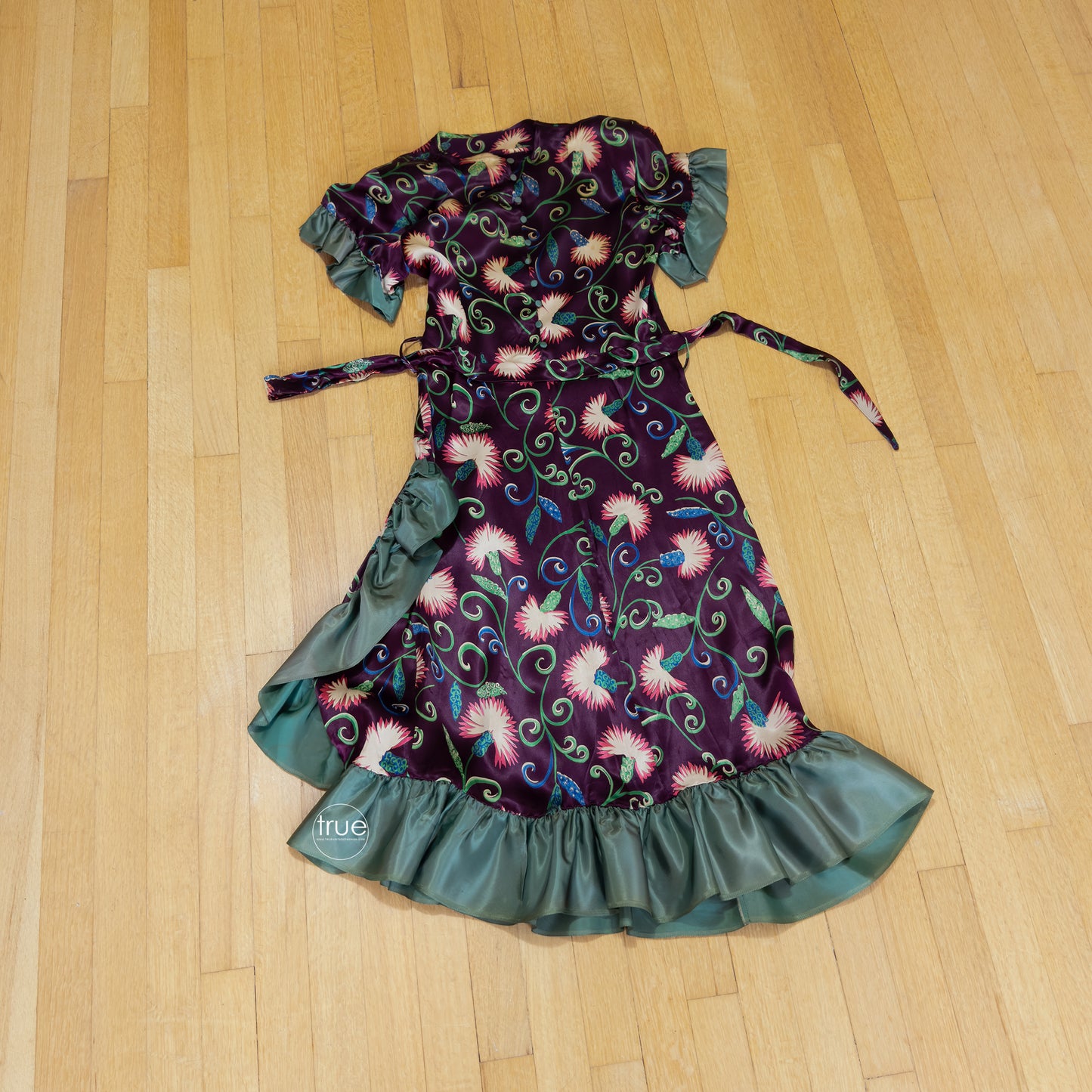 vintage 1940's dress ...gorgeous slinky plum satin floral asymmetrical dress