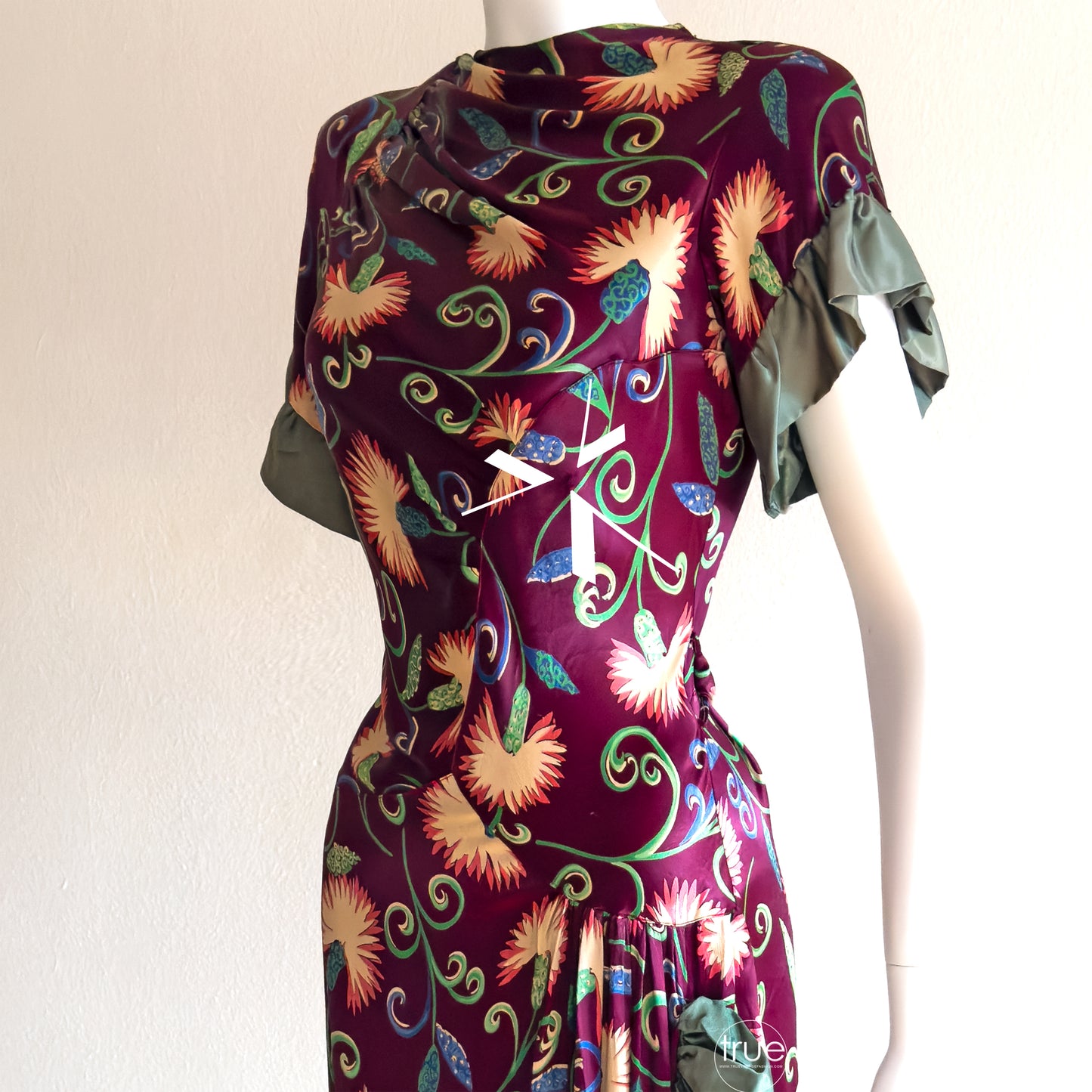 vintage 1940's dress ...gorgeous slinky plum satin floral asymmetrical dress