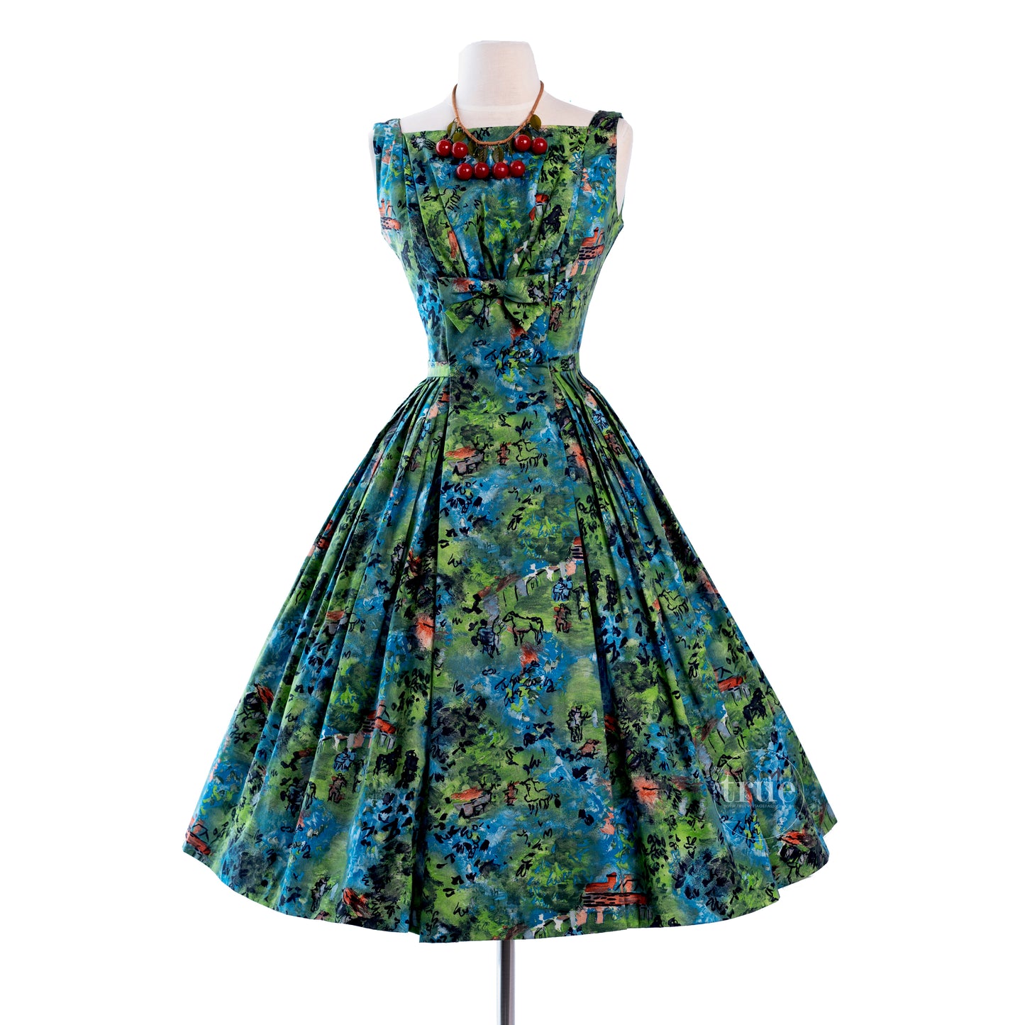 vintage 1950's dress novelty print impressionist ranch scene print