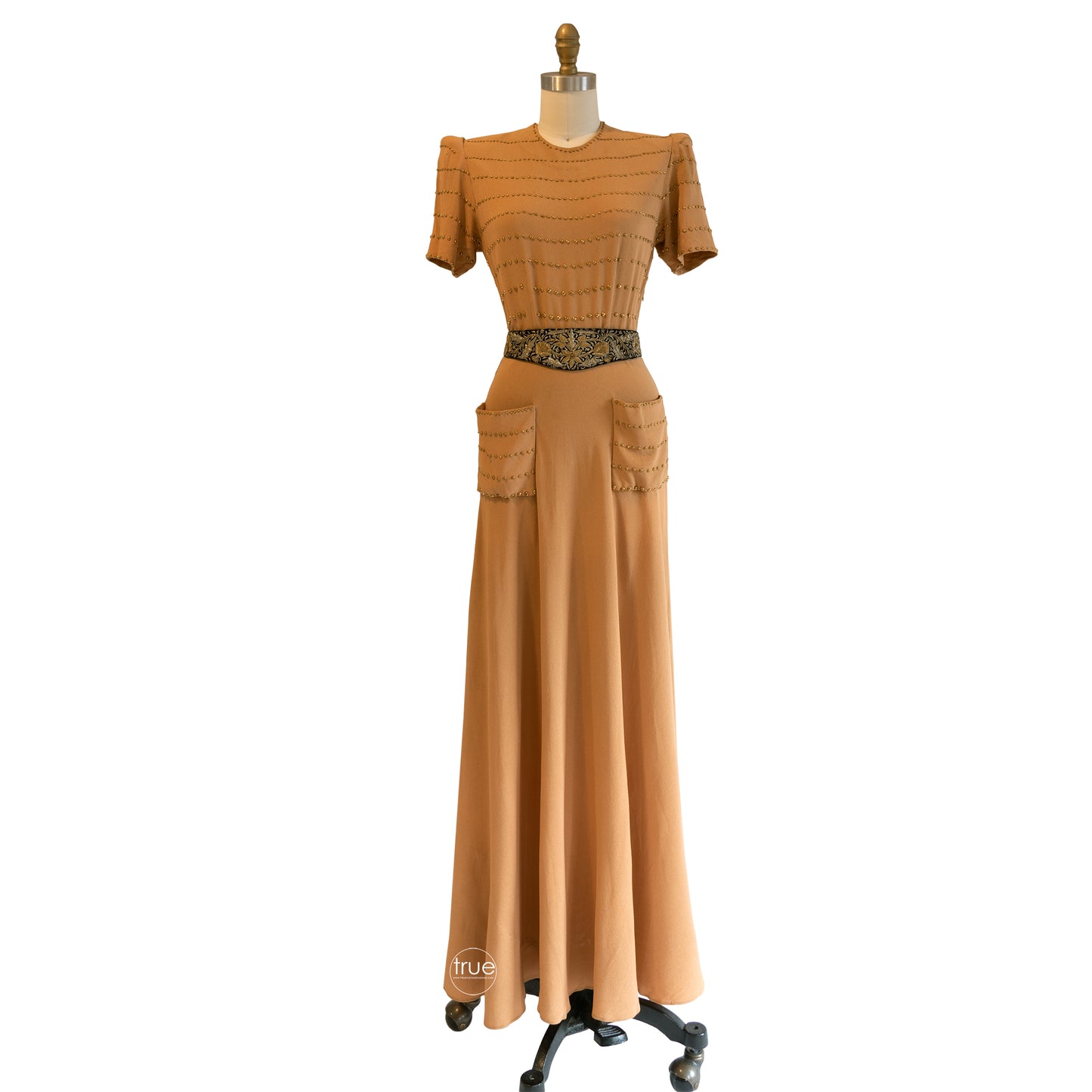 vintage 1930's dress ...golden crepe brass studded dress w/ POCKETS!