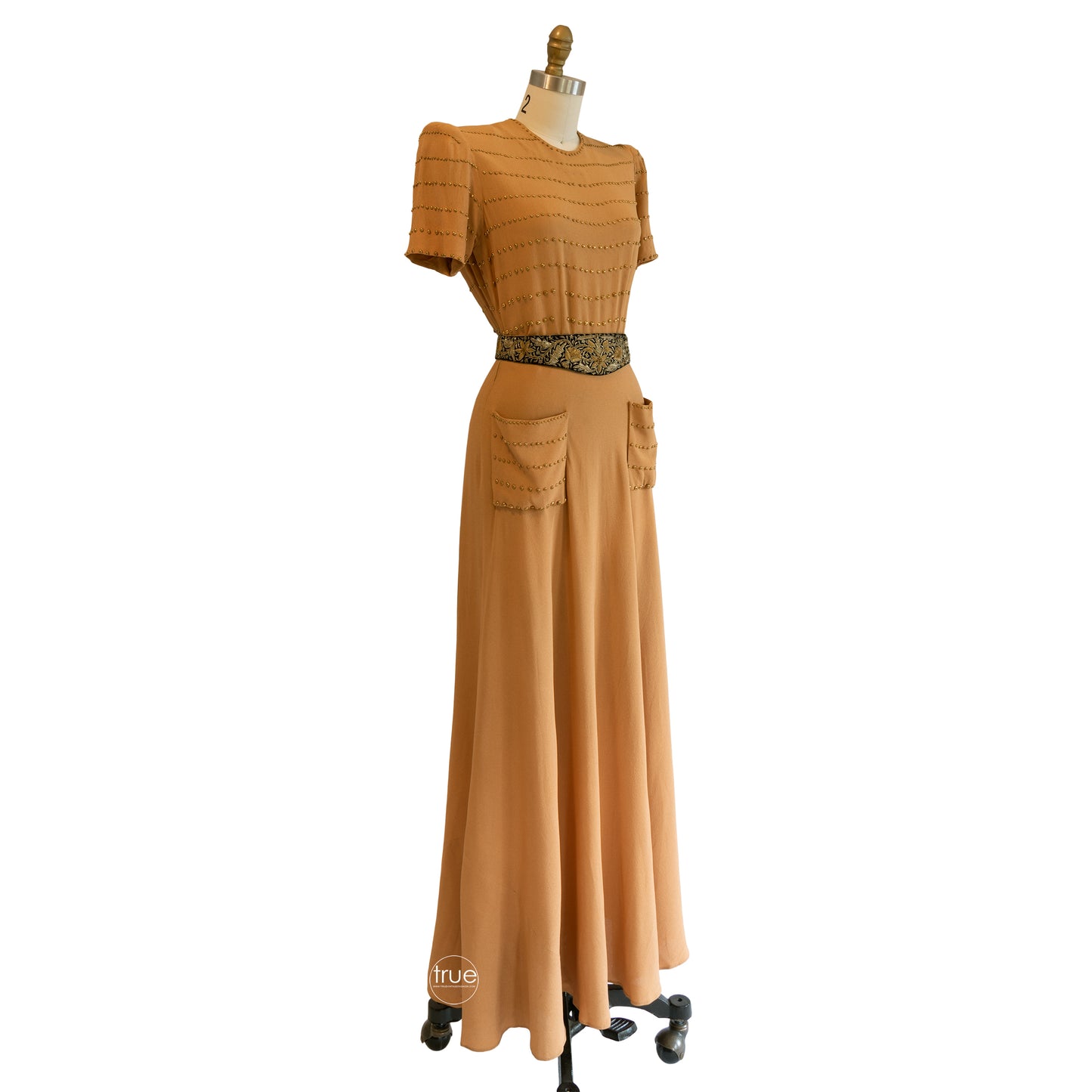 vintage 1930's dress ...golden crepe brass studded dress w/ POCKETS!