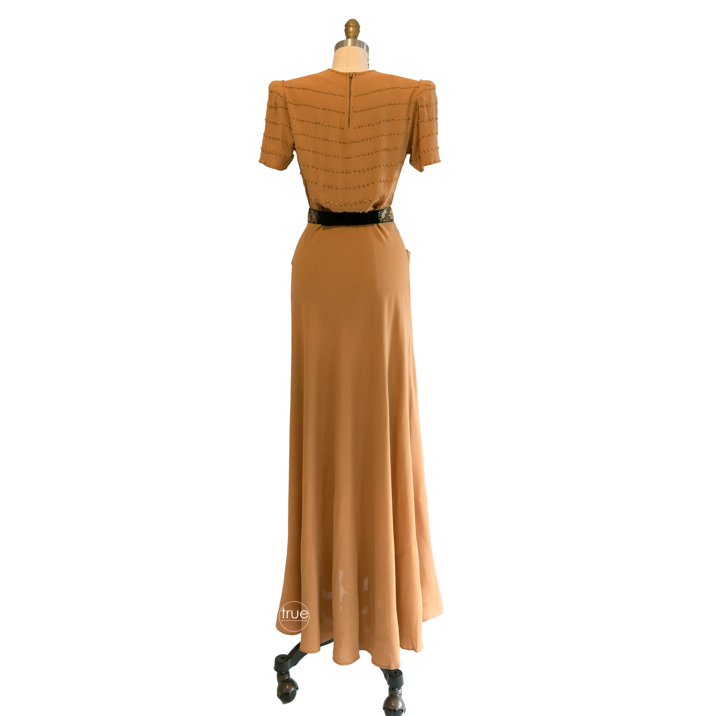 vintage 1930's dress ...golden crepe brass studded dress w/ POCKETS!