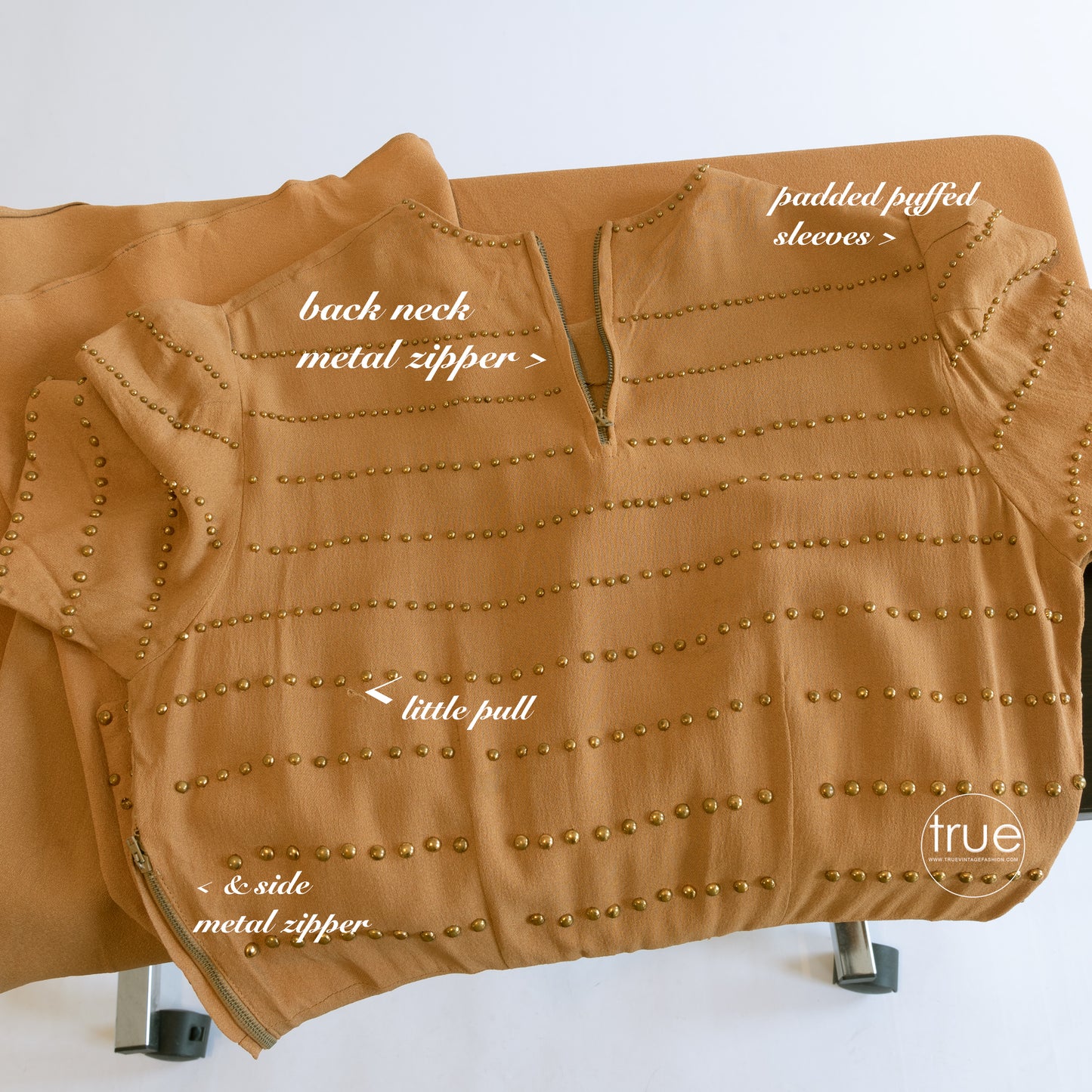 vintage 1930's dress ...golden crepe brass studded dress w/ POCKETS!