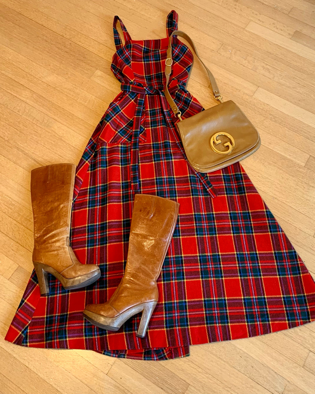 vintage 1970's dress ...classic LANZ Original red tartan plaid pinafore wrap dress