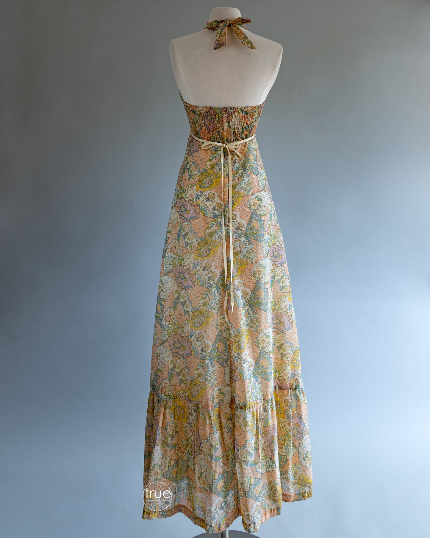 vintage 1970's dress ...best EVER Young Edwardian by Arpeja fan print halter maxi dress