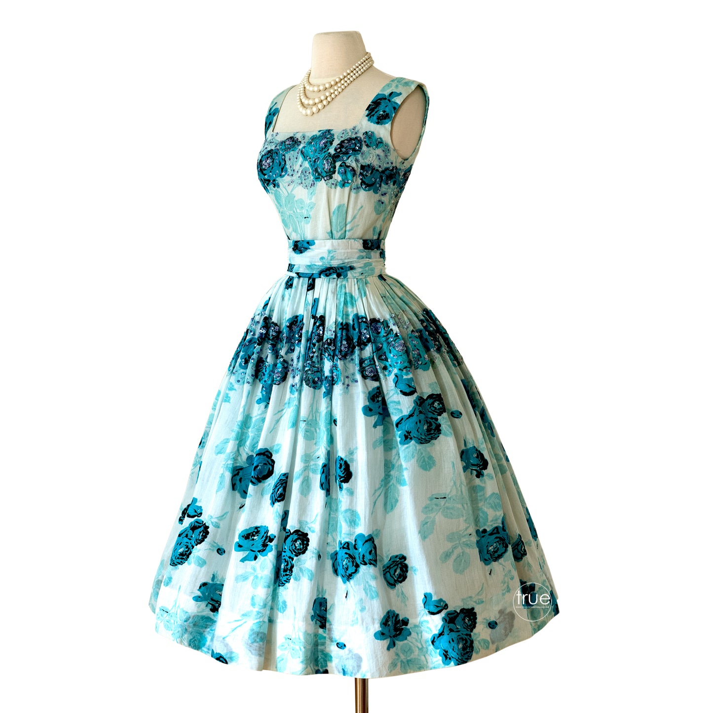 vintage 1950's dress ...exquisite designer ADELE SIMPSON floaty floral with sequins & hand-stitched appliqués