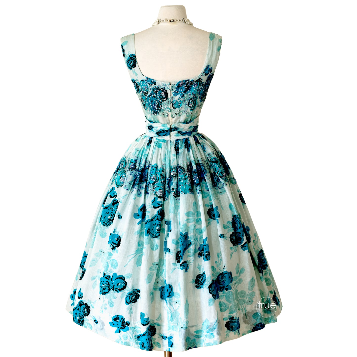 vintage 1950's dress ...exquisite designer ADELE SIMPSON floaty floral with sequins & hand-stitched appliqués
