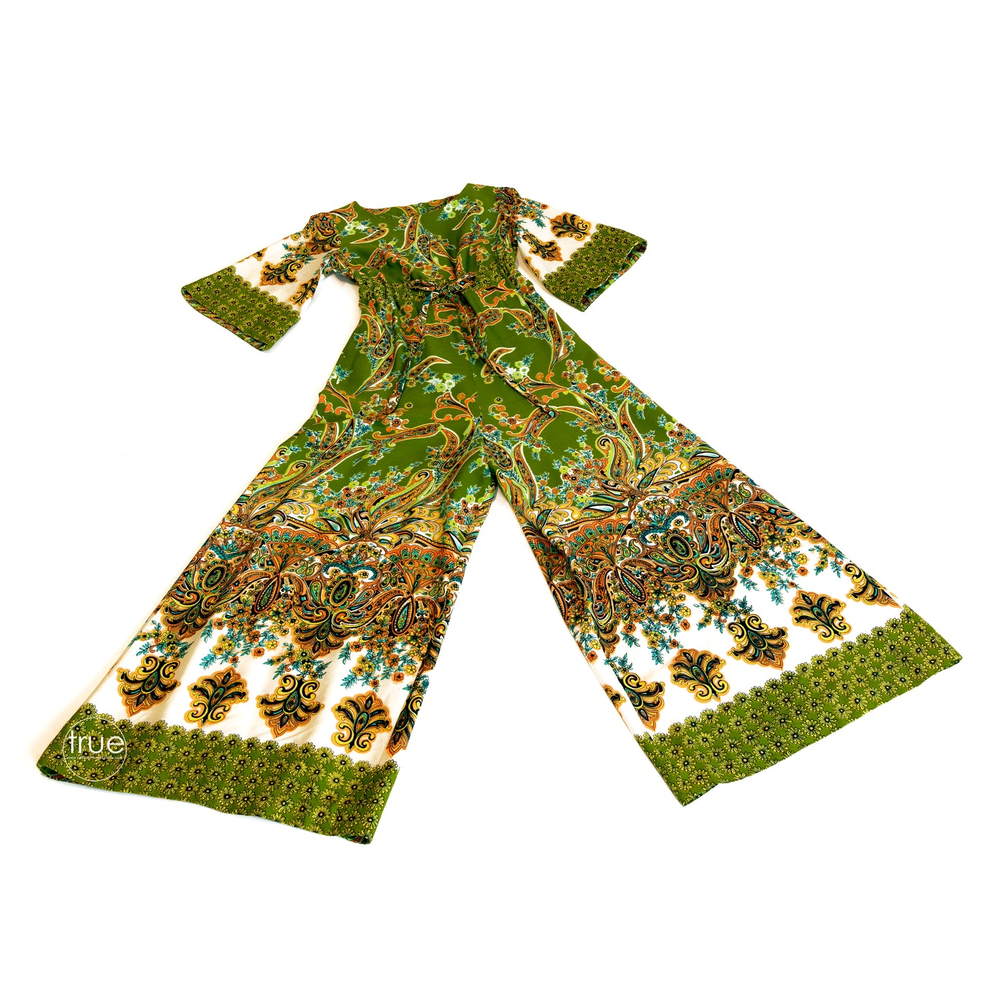 vintage 1970's jumpsuit ...amazing ALEX COLMAN green paisley wide leg jumpsuit