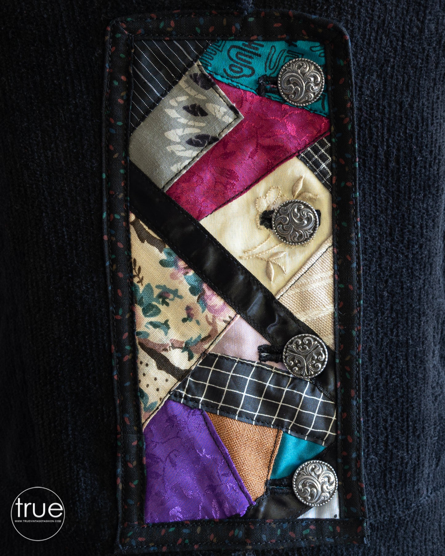 vintage 1970's jacket ...black velvety corduroy crazy quilt prairie jacket
