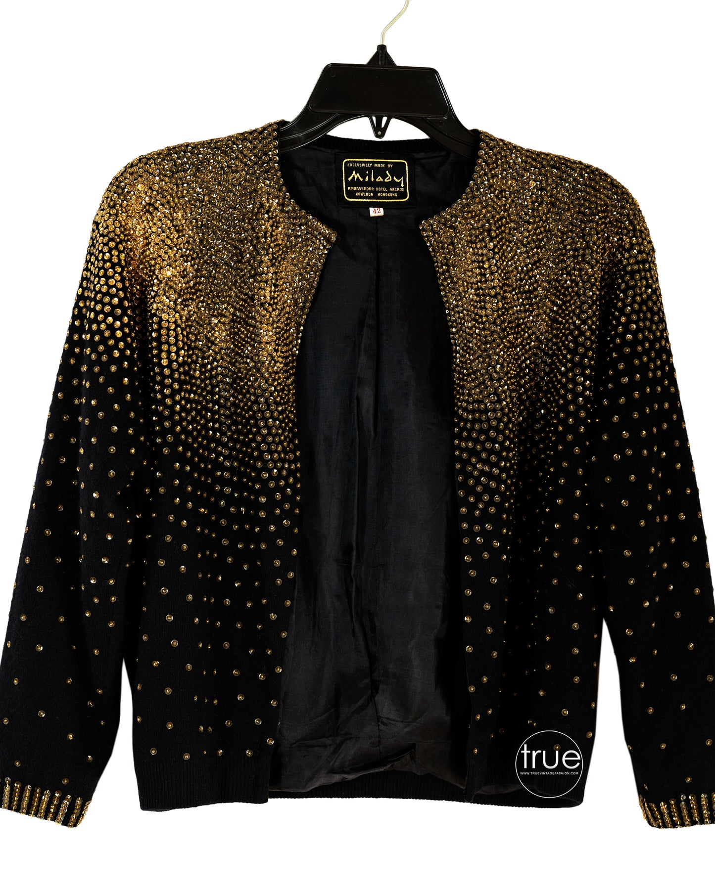 vintage 1950's sweater ...classic MILADY black cardigan dripping in GOLD sequins