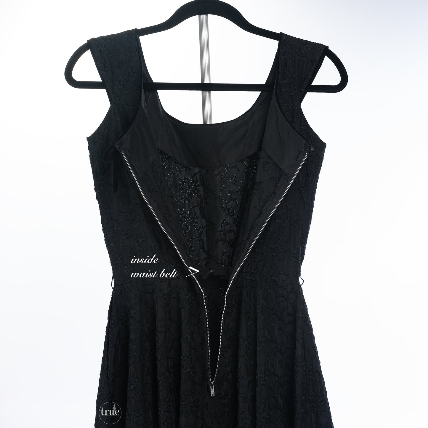 vintage 1950's dress ...pretty black embroidered dress w/ velvet trim