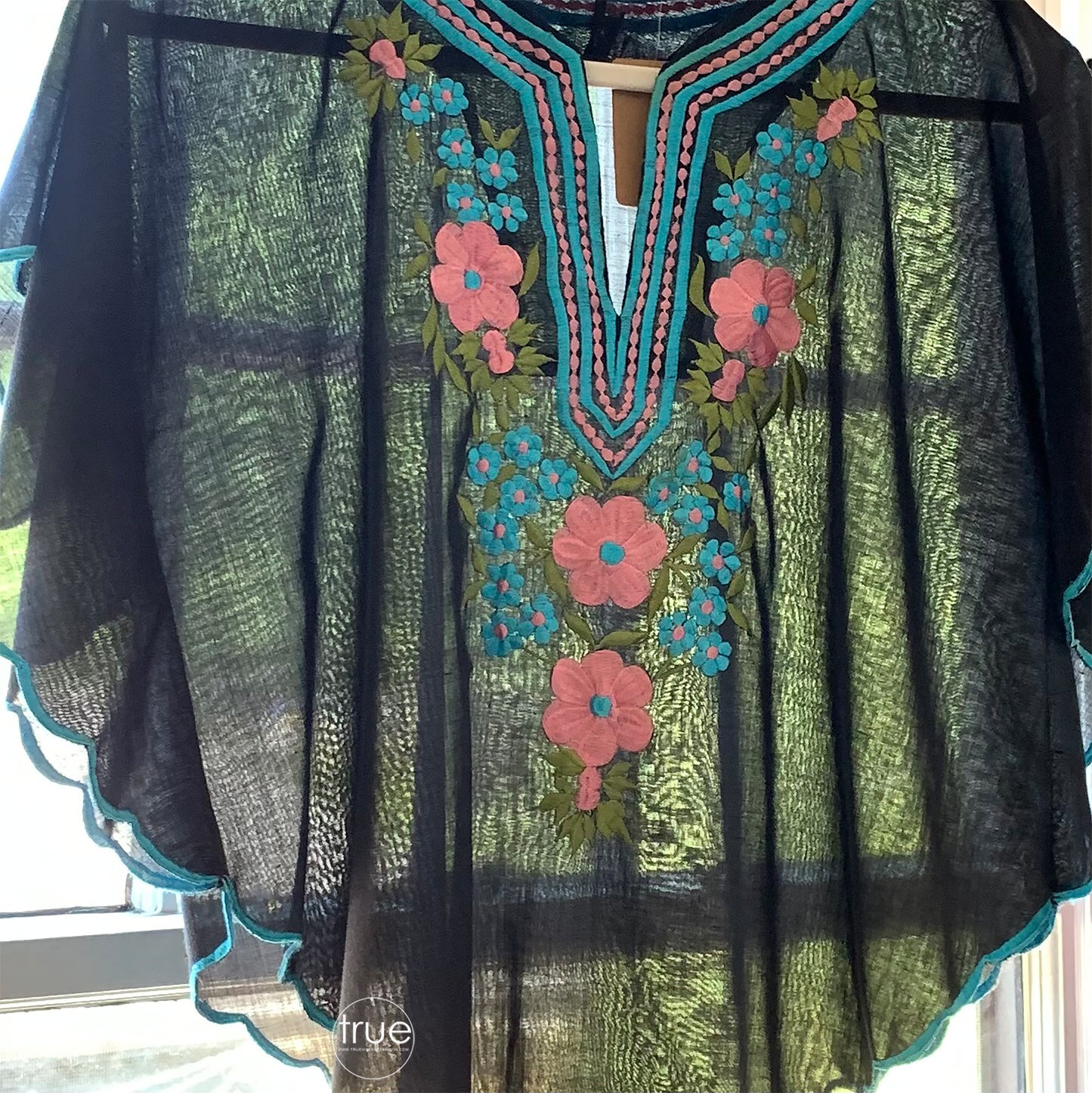 vintage 1970's top ...black floral embroidered poncho top