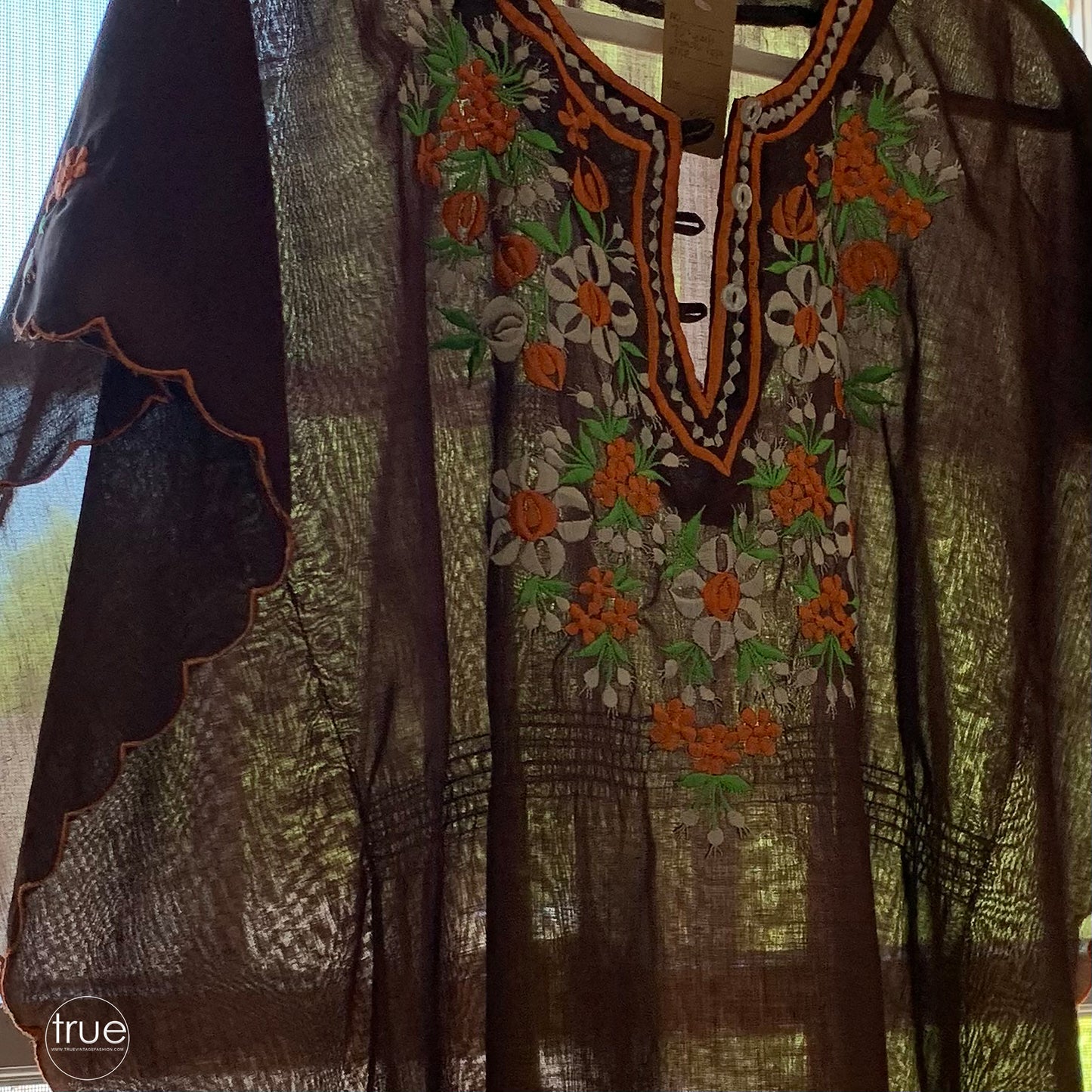 vintage 1970's top ...chocolate floral embroidered poncho top