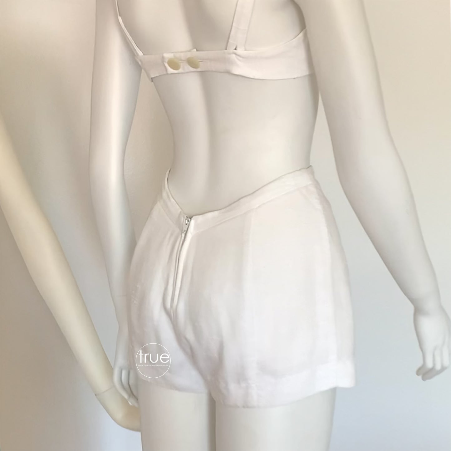 RESERVED vintage 1940's swimsuit playsuit ...rare CALTEX of california white slub booty dip shorts and top