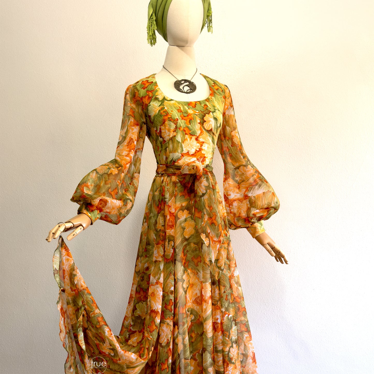 vintage 1970's dress ...glorious DON LUIS de españa sweeping chiffon floral maxi dress