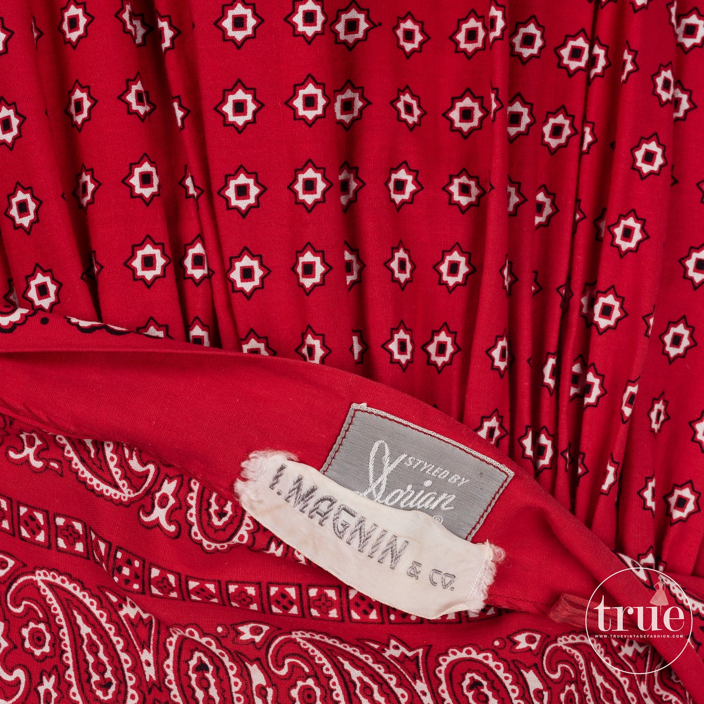 vintage 1940's dress ...styled by Dorian I.MAGNIN & CO. red bandana cotton novelty print halter dress