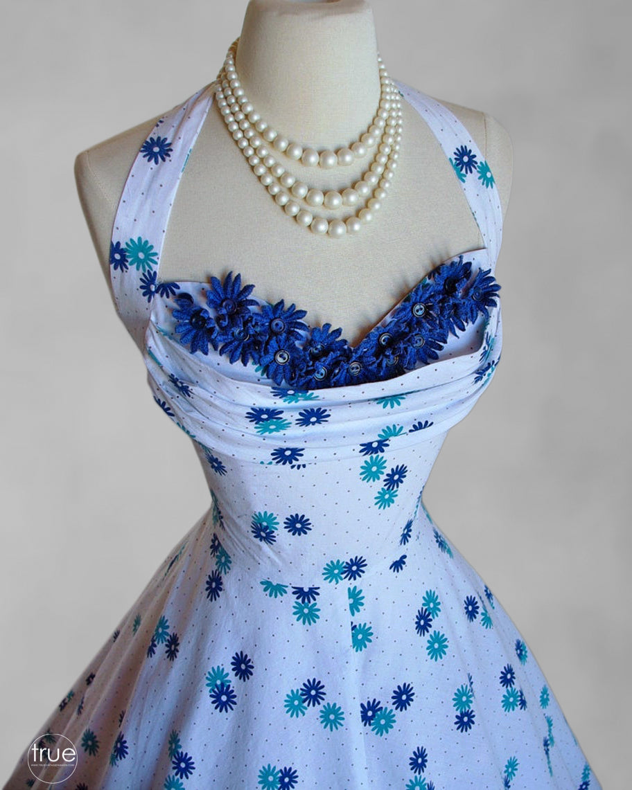 vintage 1950's dress ...blue daisies novelty print shelf-bust cotton halter dress with full circle skirt