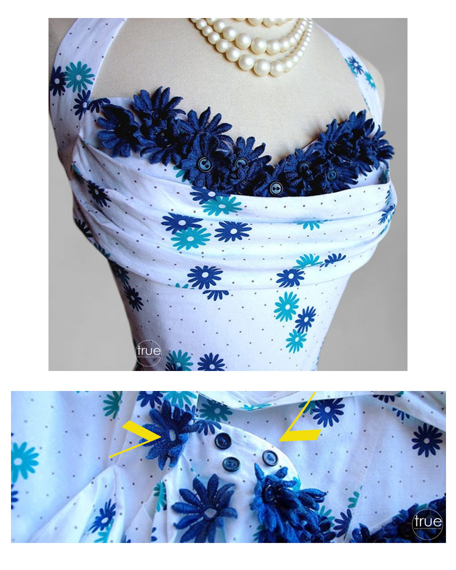 vintage 1950's dress ...blue daisies novelty print shelf-bust cotton halter dress with full circle skirt