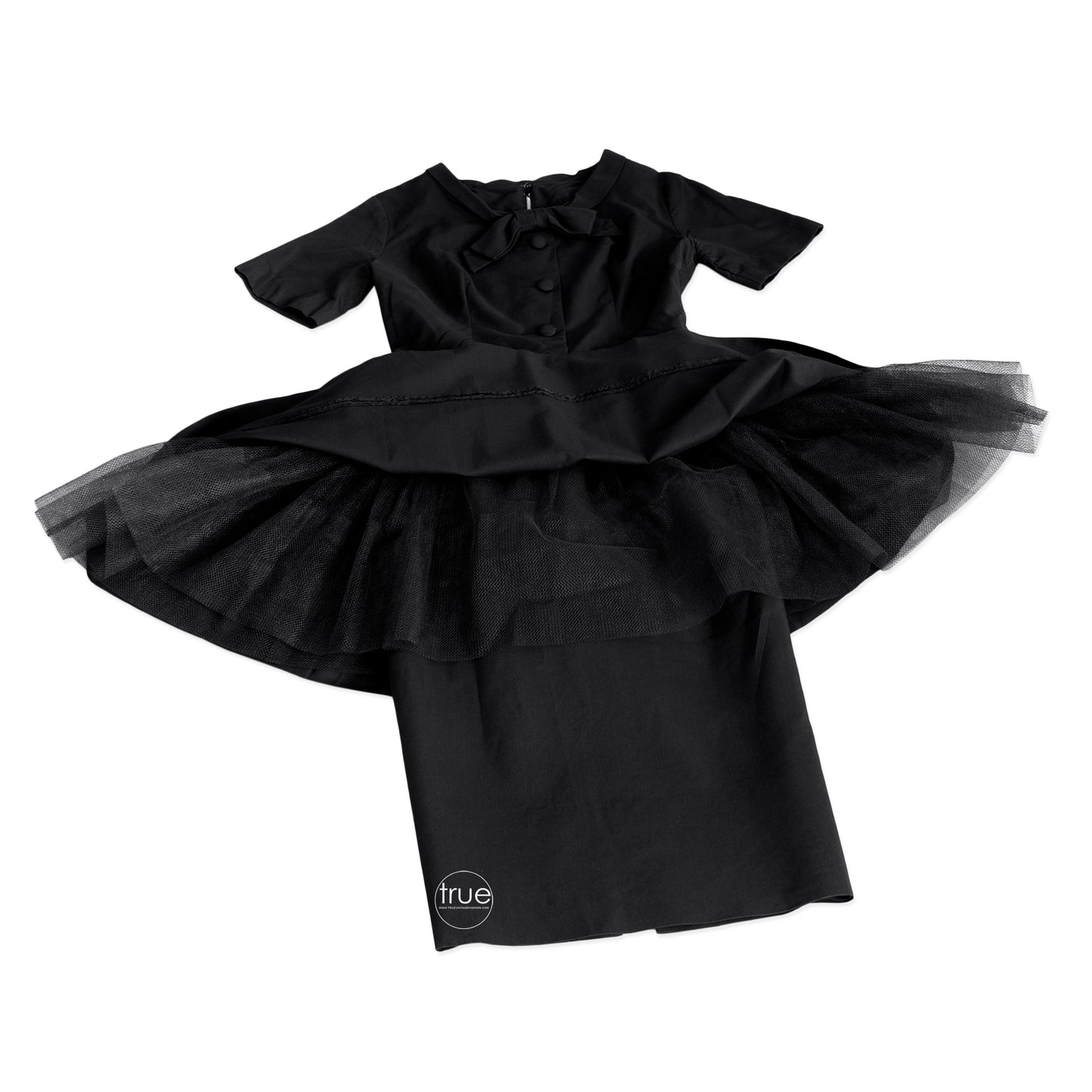 vintage 1950's dress ...black polished cotton GIGI YOUNG new york peplum skirt dress