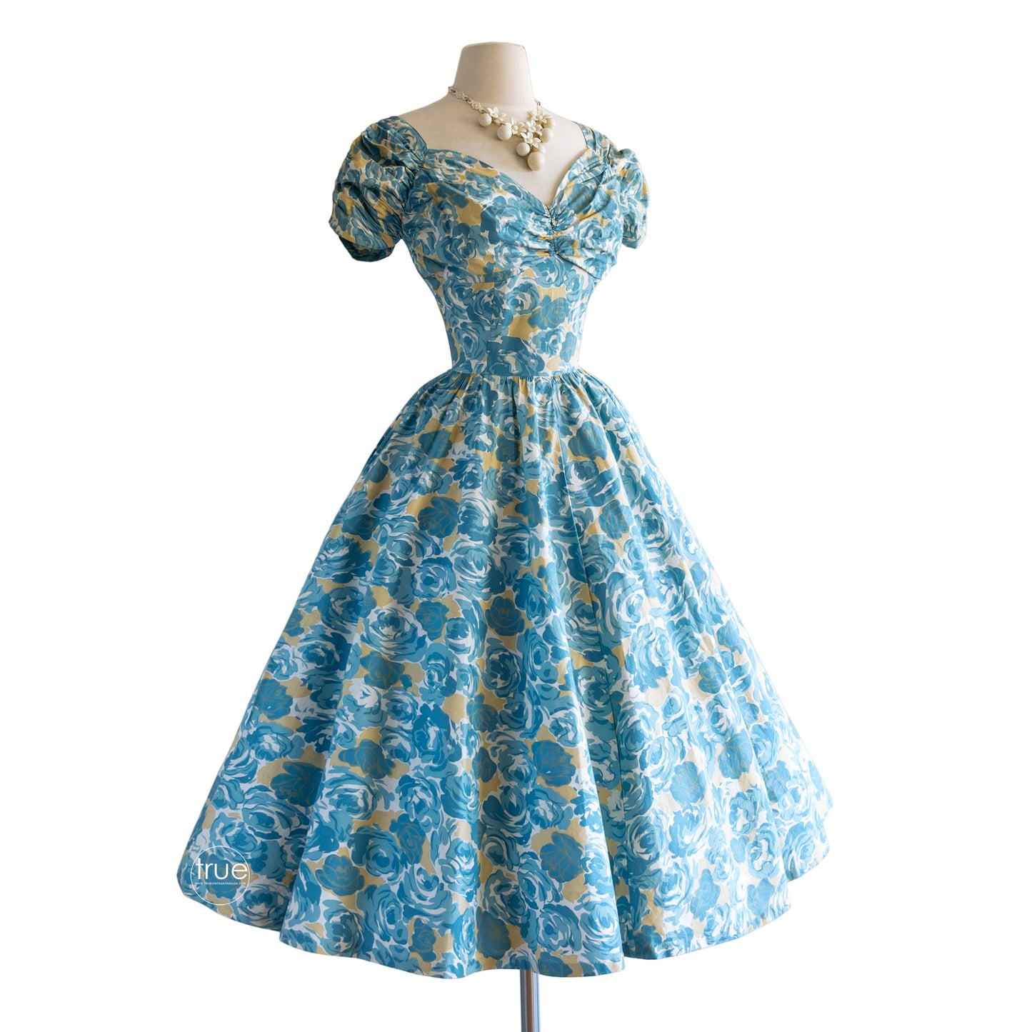 vintage 1950's dress ...classic JERRY GILDEN blue rose floral cotton dress