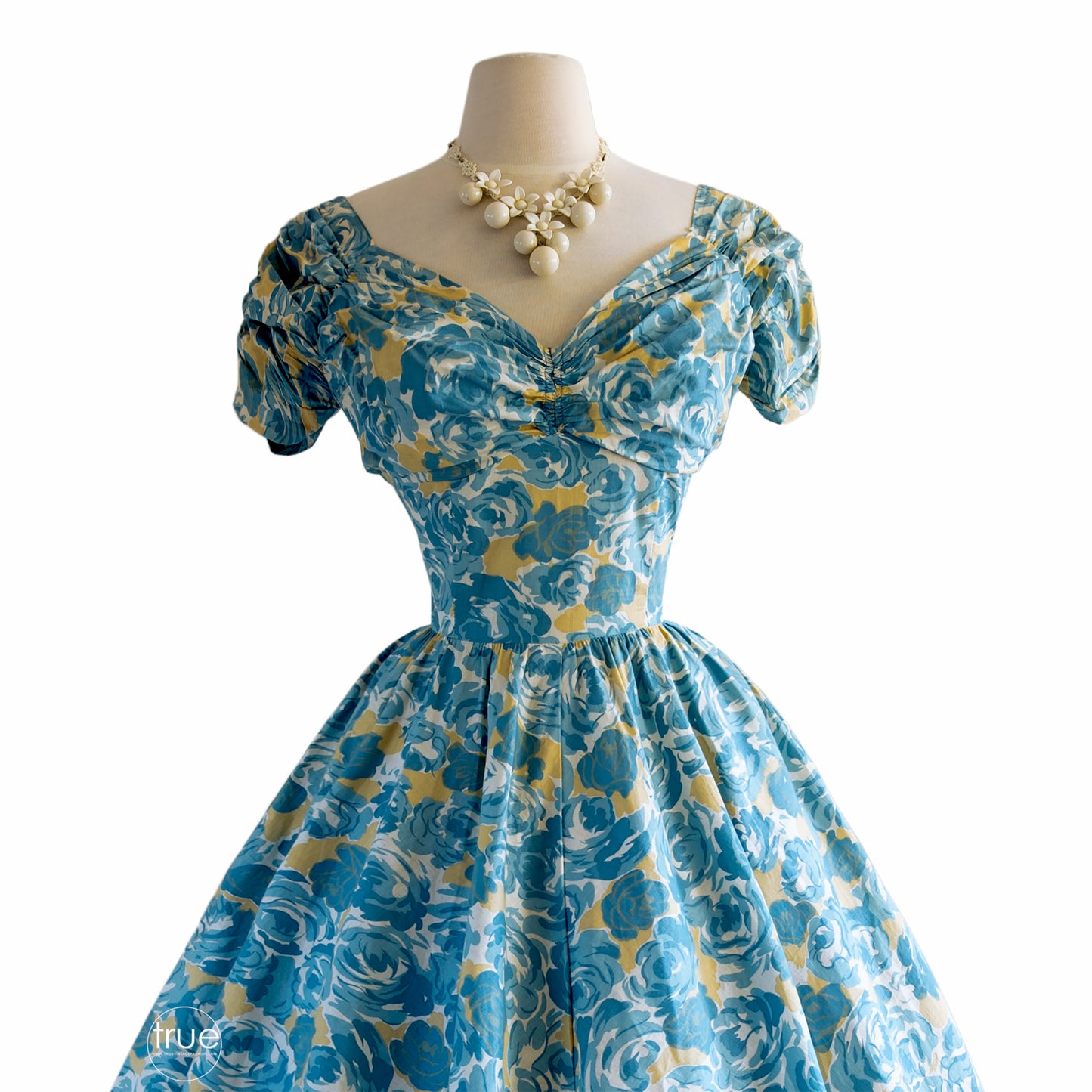 vintage 1950's dress ...classic JERRY GILDEN blue rose floral cotton dress