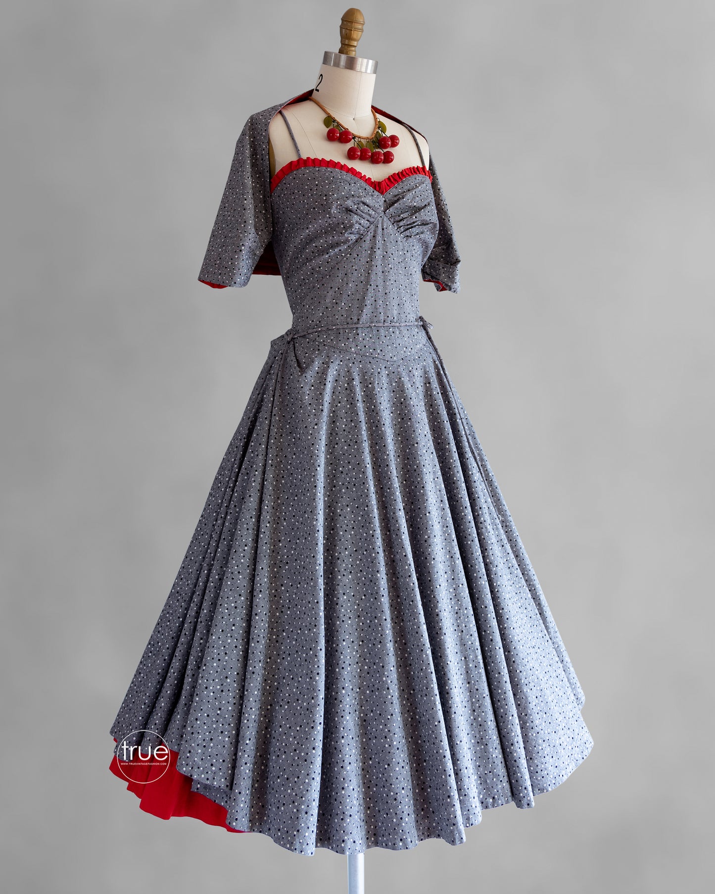 vintage 1950's dress ...fabulous gray with screened POLKA DOTS dress & shrug