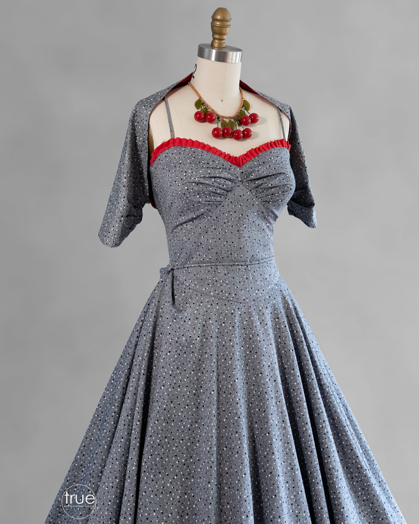 vintage 1950's dress ...fabulous gray with screened POLKA DOTS dress & shrug