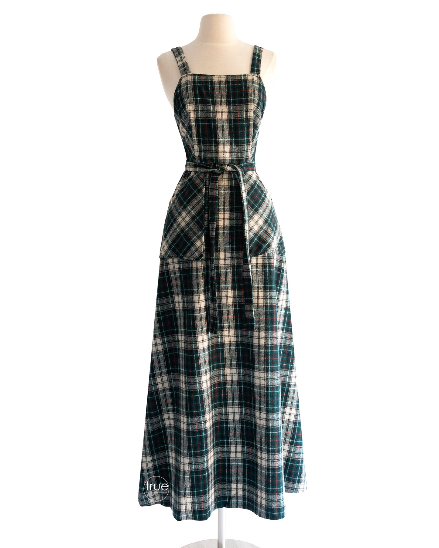 vintage 1970's dress ...classic LANZ Original green tartan plaid pinafore wrap dress