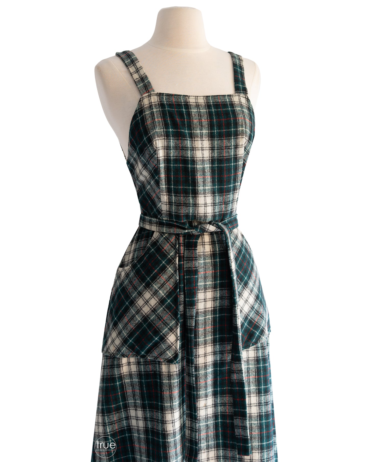 vintage 1970's dress ...classic LANZ Original green tartan plaid pinafore wrap dress