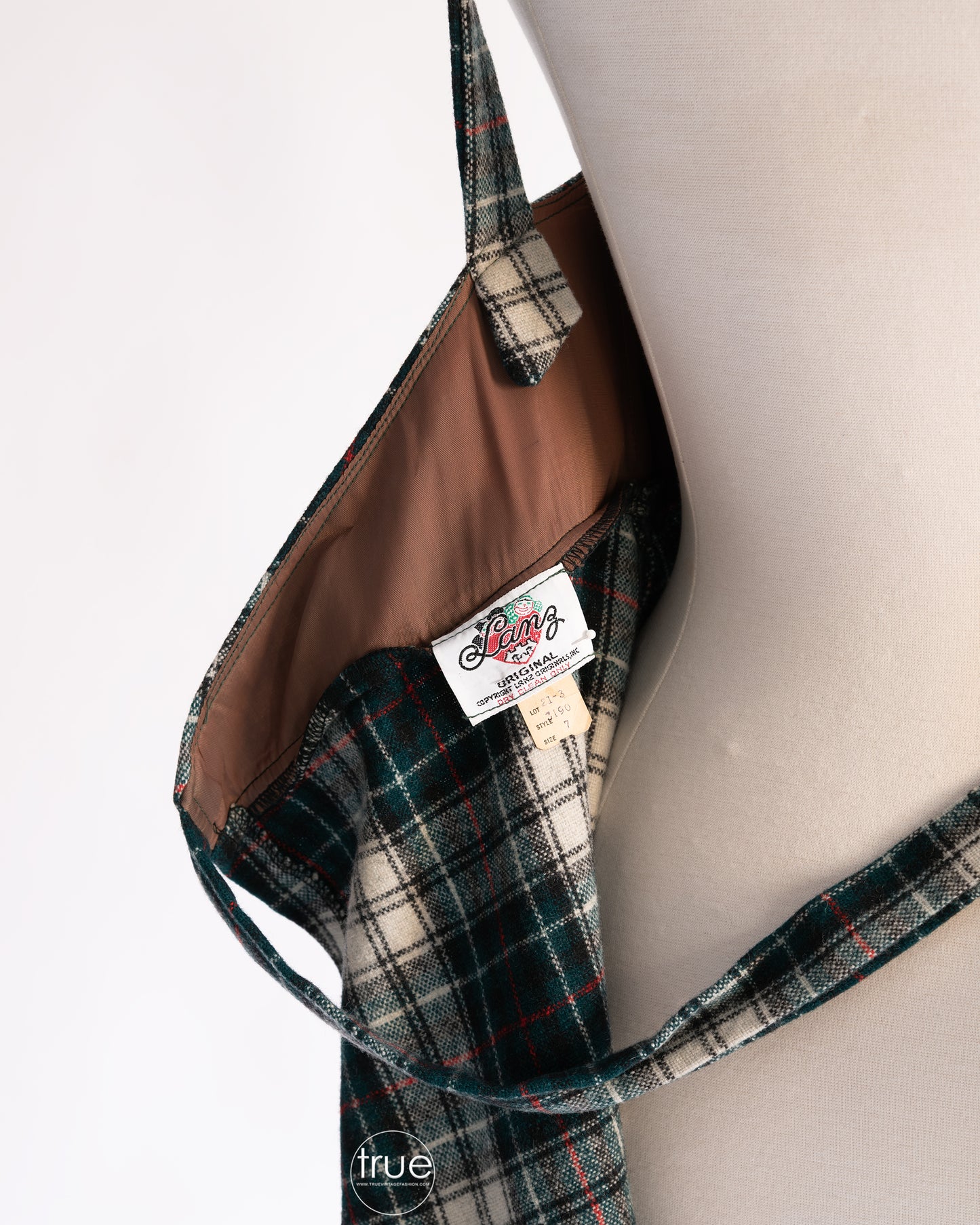 vintage 1970's dress ...classic LANZ Original green tartan plaid pinafore wrap dress
