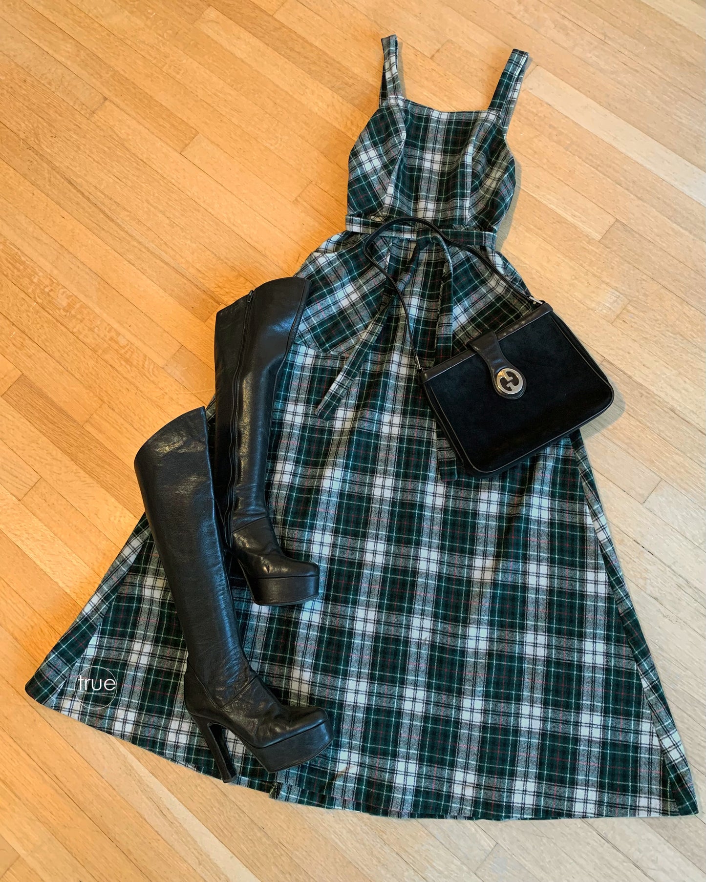 vintage 1970's dress ...classic LANZ Original green tartan plaid pinafore wrap dress