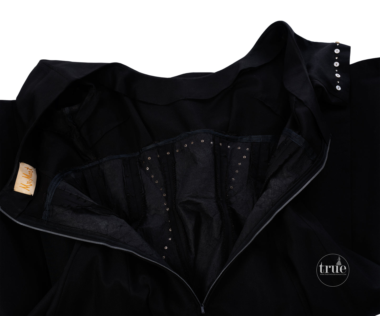 1950's Mr. Mort black rhinestones & buttons hourglass dress