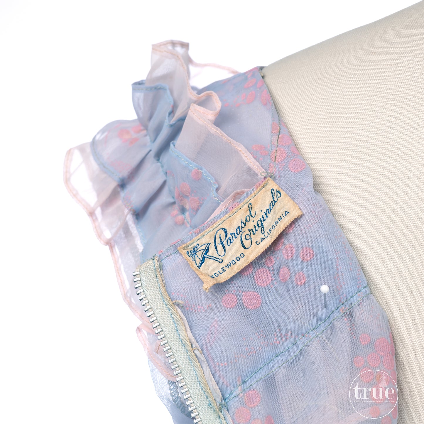 vintage 1940's dress ...pretty Parasol Originals sheer blue organza w/ pink flocked berries dress