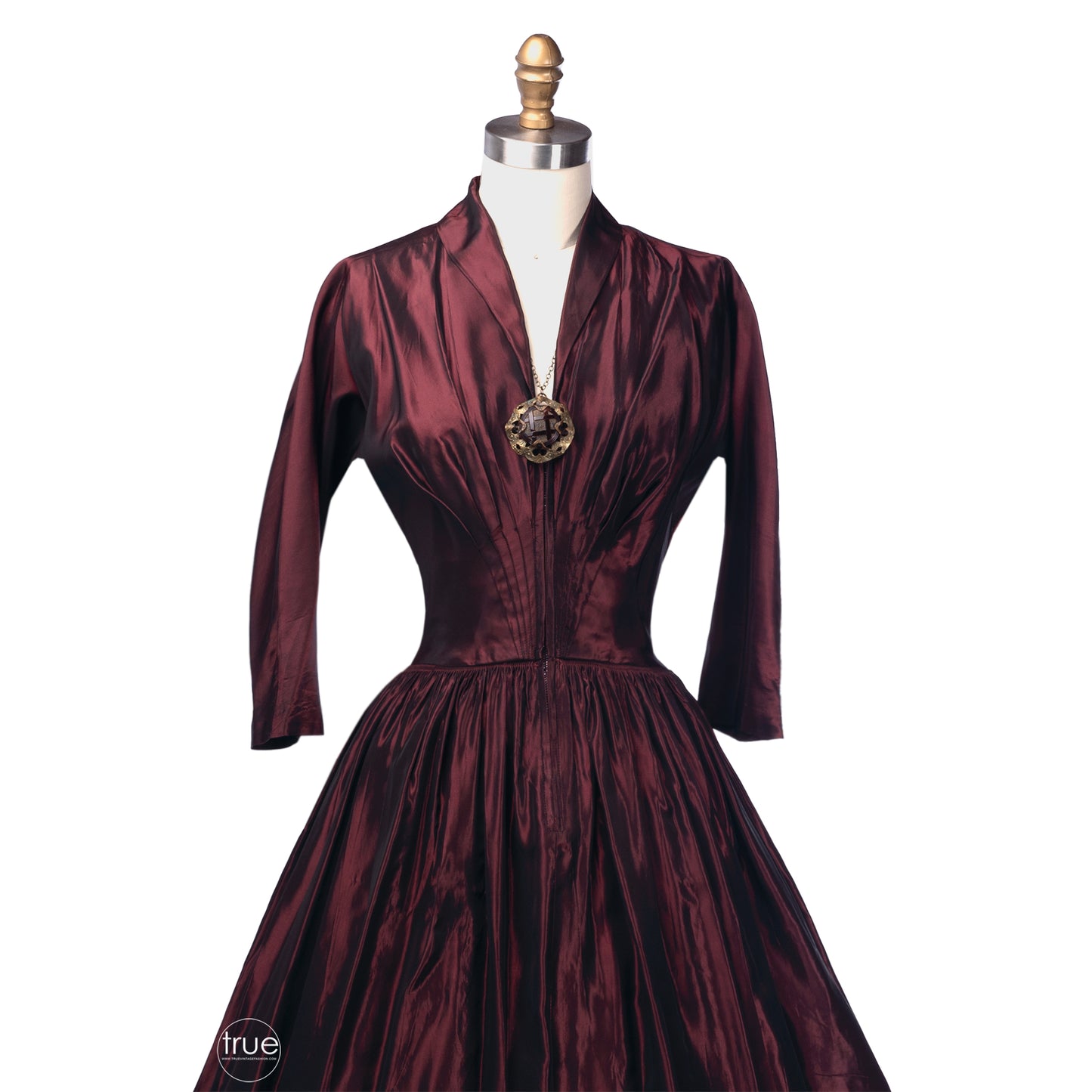 vintage 1950's dress ...classic garnet iridescent front zip dress with sunburst pleats