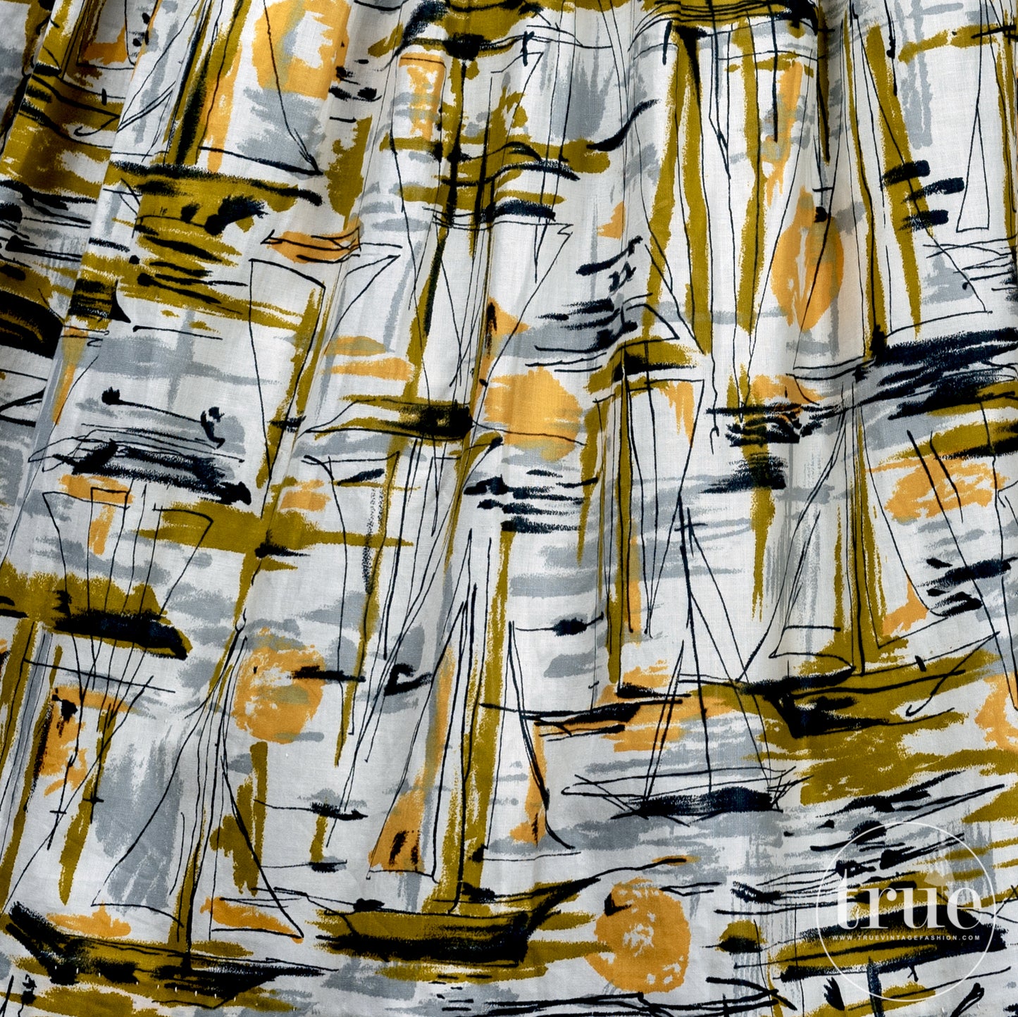 vintage 1950's dress ...deadstock hawaiian UKELELE cotton mid-century abstract sailboat dress