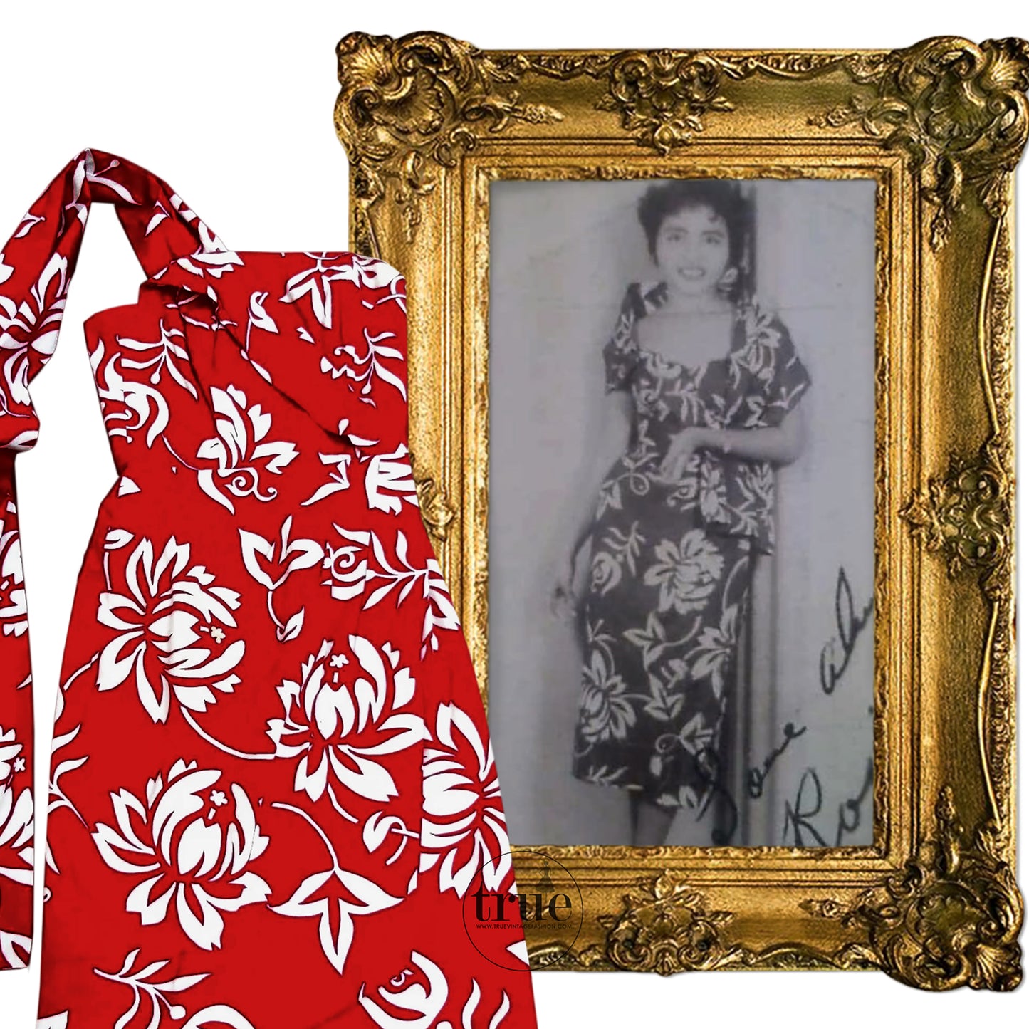 vintage 1950's dress ...iconic ALFRED SHAHEEN red hawaiian sarong dress